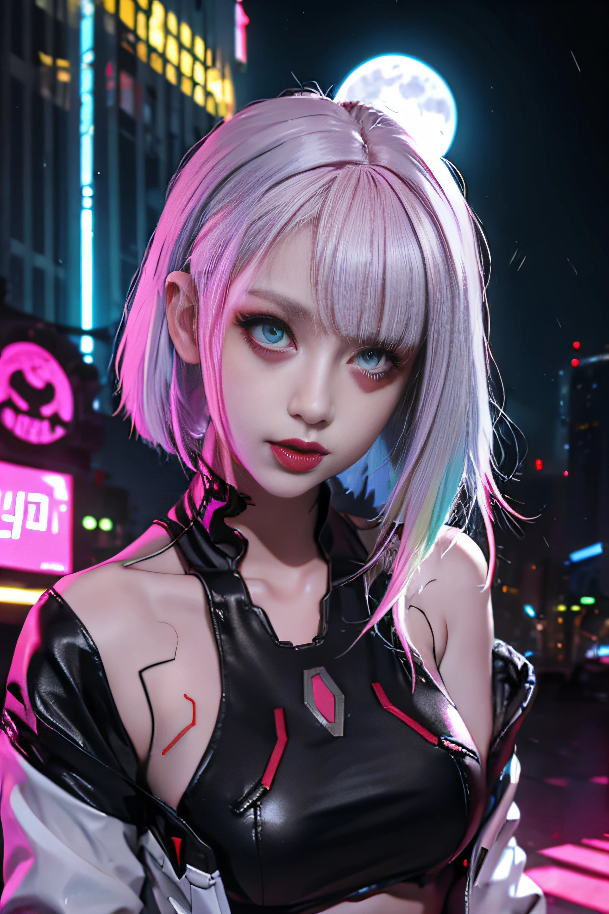 lucy \(cyberpunk\), 1girl, hair scrunchie, hime cut, silver hair, colored tips, full moon, grey eyes, jacket, long sleeves, looking at viewer, medium hair, multicolored hair, parted bangs, parted lips, pink hair, portrait, red eyeliner, red lips, solo, white jacket, cyberpunk \(series\), rainy night in a cyberpunk city with glowing neon lights