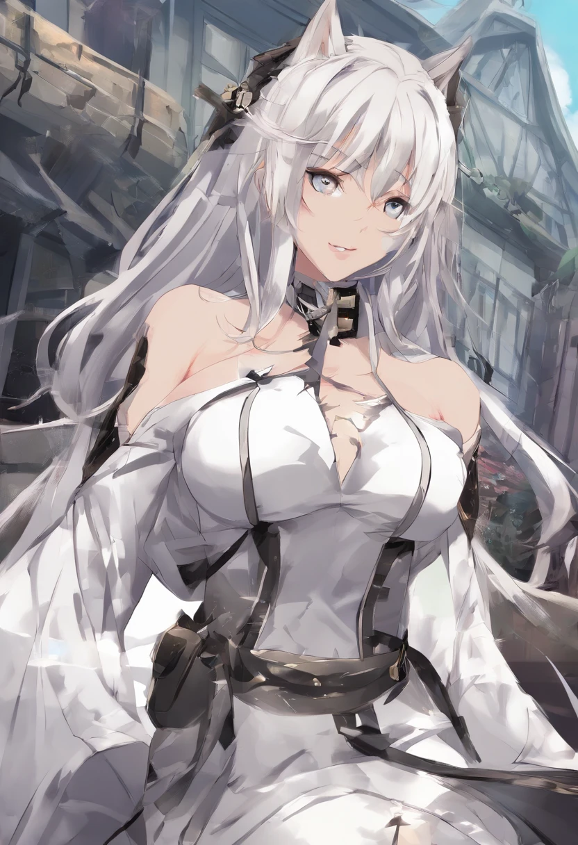 (masterpiece: 1.4), (top-quality: 1.4), (hight resolution: 1.4), White Dilundor Dress, mile, The long-haired, look at viewr, Black Long Sleeve Tunic, Shoulder Bag, outside of house, Seios Enormes,big breasts thin waist, wide hips, thick thight, big butts, Sink curve, Low-cut clothes, Focus on the female face, Erotic