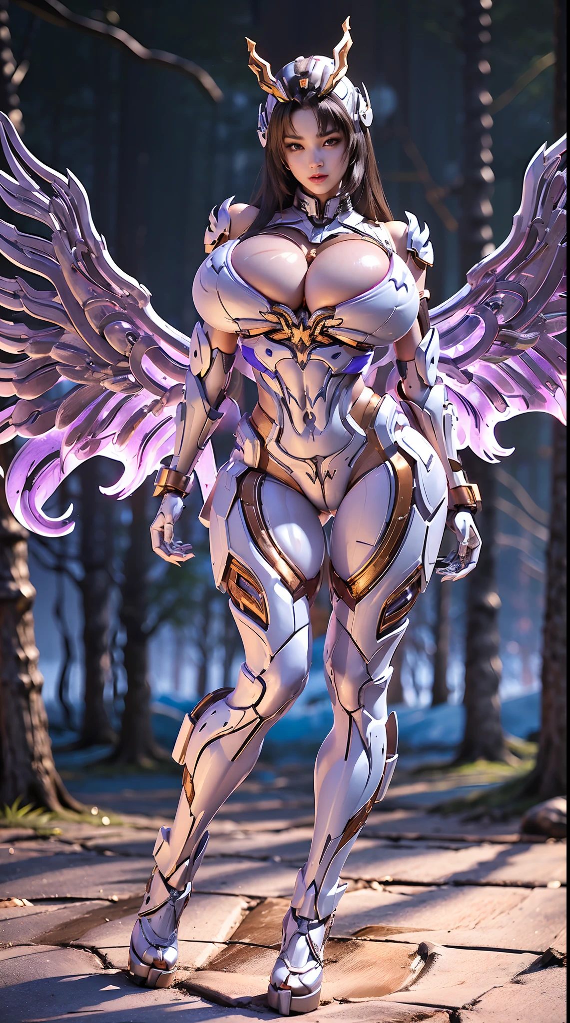 (FOX QUEEN HELM), (ULZZANG), (HUGE FAKE BOOBS:1.2), (purple, white), (FOREST WOOD), (((A PAIR OF HUGE MECHANICAL WINGS SPREAD OUT))), (FUTURISTIC MECHA CROP TOP:1), (CLEAVAGE), (SKINTIGHT YOGA PANTS:1), (HIGH HEELS), (PERFECT BODY:1.2), (FULL BODY:1.2), (LOOKING AT VIEWER), (STANDING:1.3), SEXY BODY, (MUSCLE ABS:1.3), UHD, 8K, 1080P.