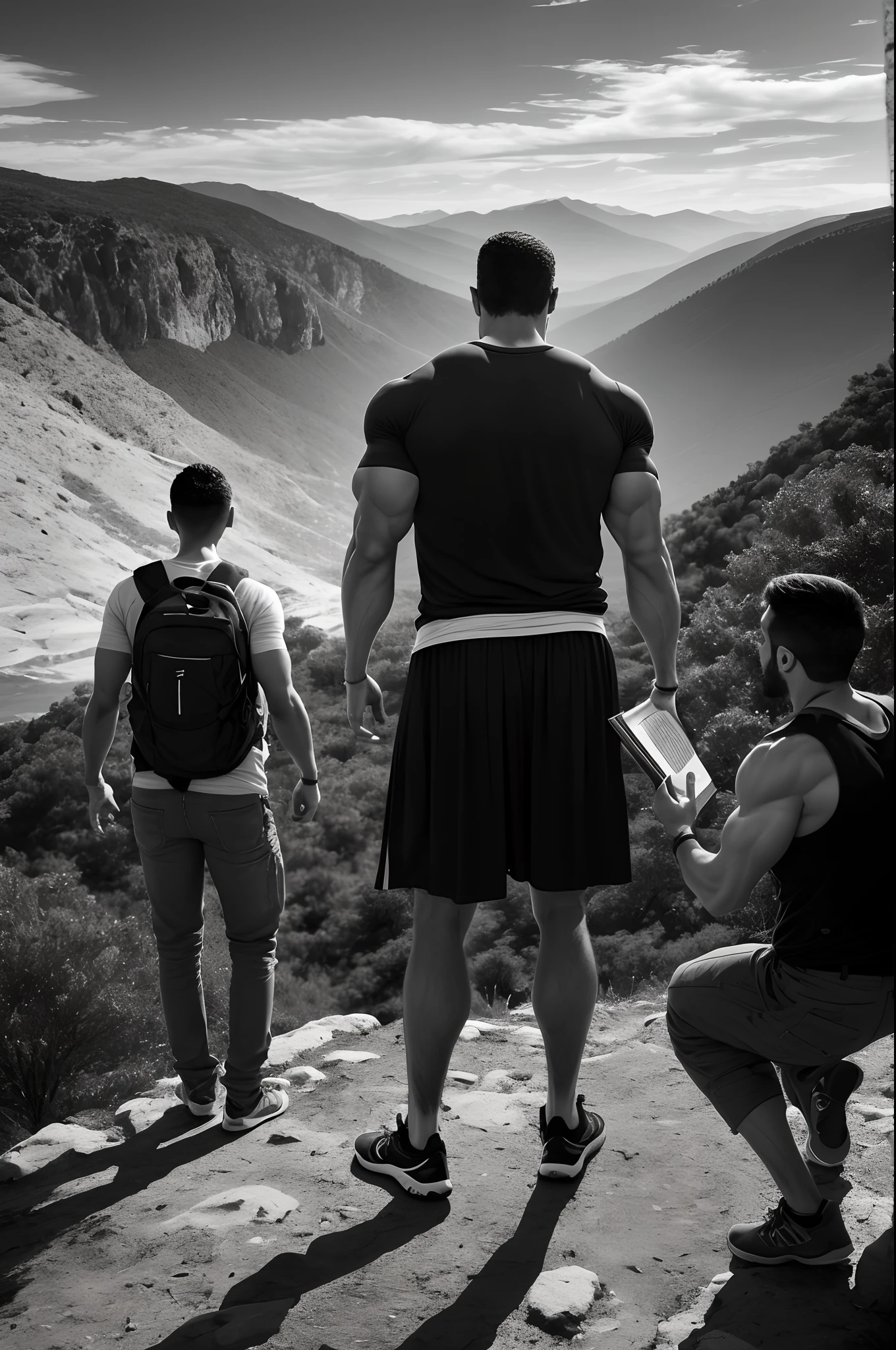 wallpaper of a stoic Greek, tall strong with muscles, on the side of the mountain, book in hand with people around, teaching people, half body image, 4k, 1280×720 pixels, black and white background