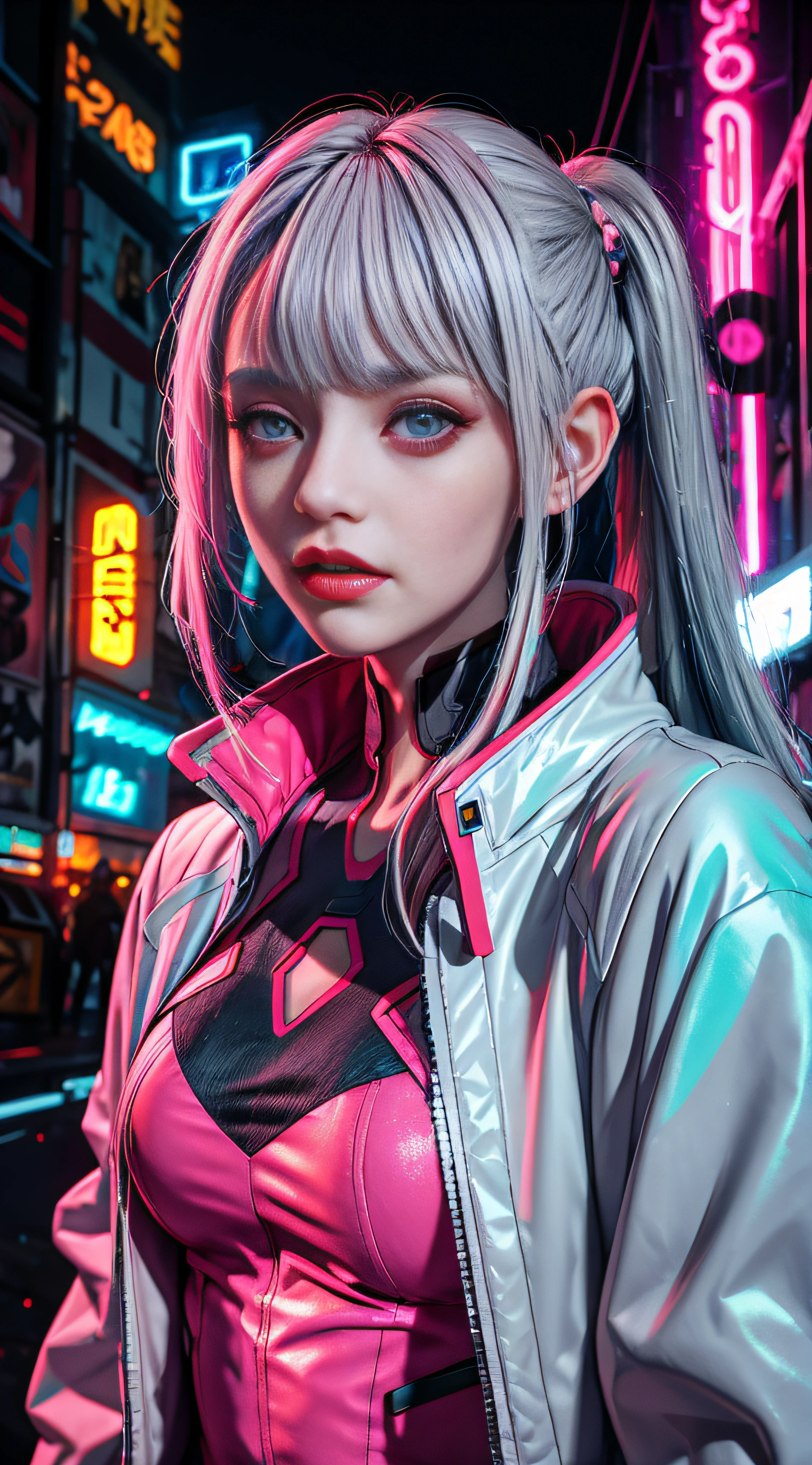 lucy \(cyberpunk\), 1girl,  hair scrunchie, hime cut, silver hair, colored tips, full moon, grey eyes, jacket, long sleeves, looking at viewer, medium hair, multicolored hair, parted bangs, parted lips, pink hair, portrait, red eyeliner, red lips, solo, white jacket, cyberpunk \(series\), rainy night in a cyberpunk city with glowing neon lights