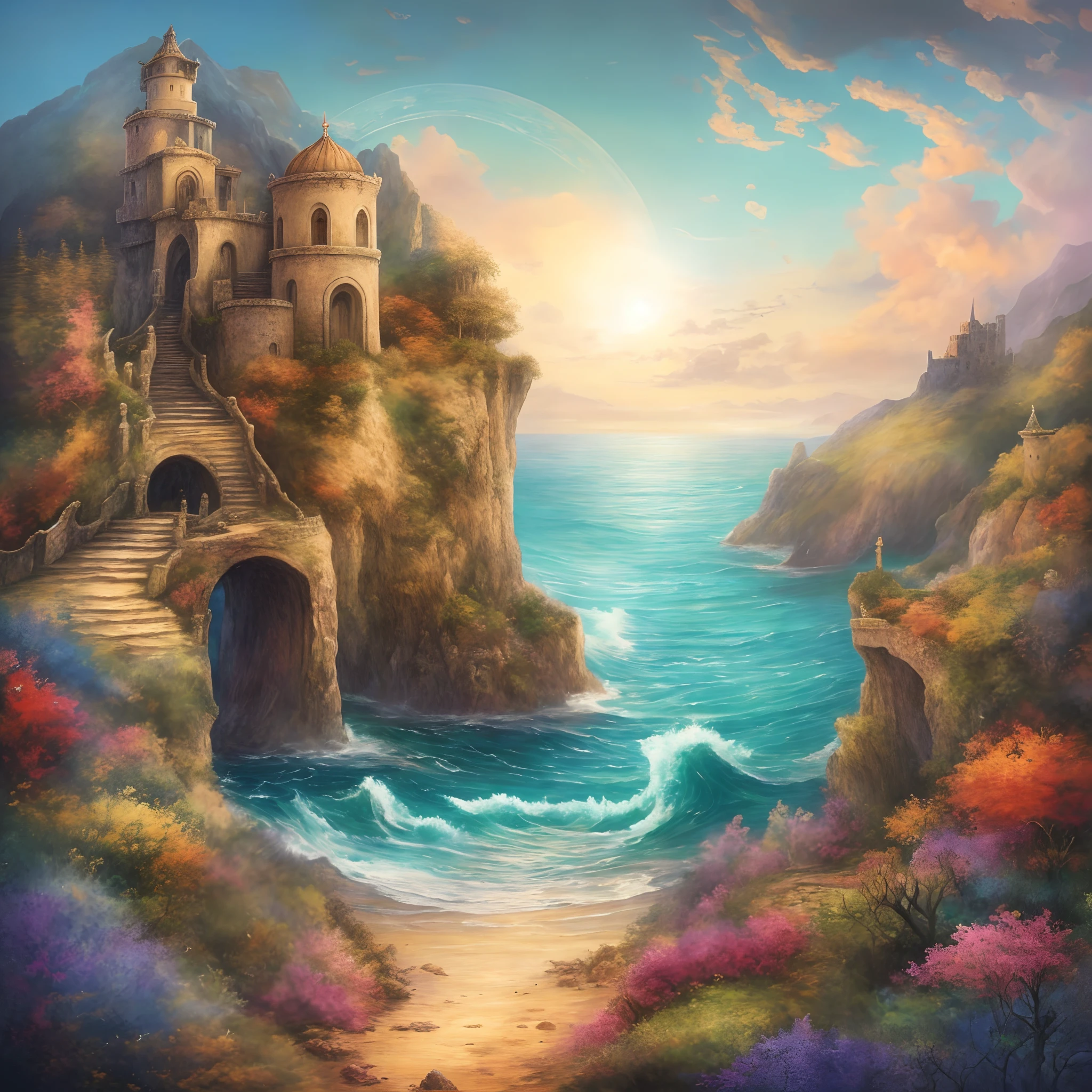 painting of a castle on a cliff overlooking the ocean, fantasy sea landscape, beautiful detailed fantasy, magic fantasy highly detailed, greek fantasy landscape, fantasy painterly style, fantasy landscape, fantasy scenic, fantasy highly detailed, beautiful art uhd 4 k, magical landscape, whimsical fantasy landscape art, fantasy castle, impressive fantasy landscape, fantasy scene, mystical fantasy landscape