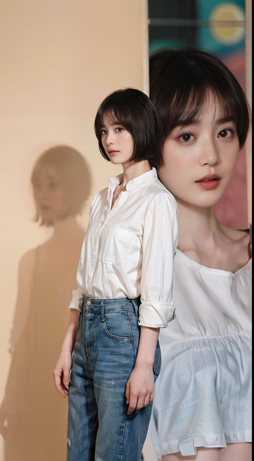 16
(Shorthair:1.3), (a 20 yo woman), (A hyper-realistic), (masutepiece), (8KUHD), Woman in long pants, Small eyes, (Abstract background:1.23)