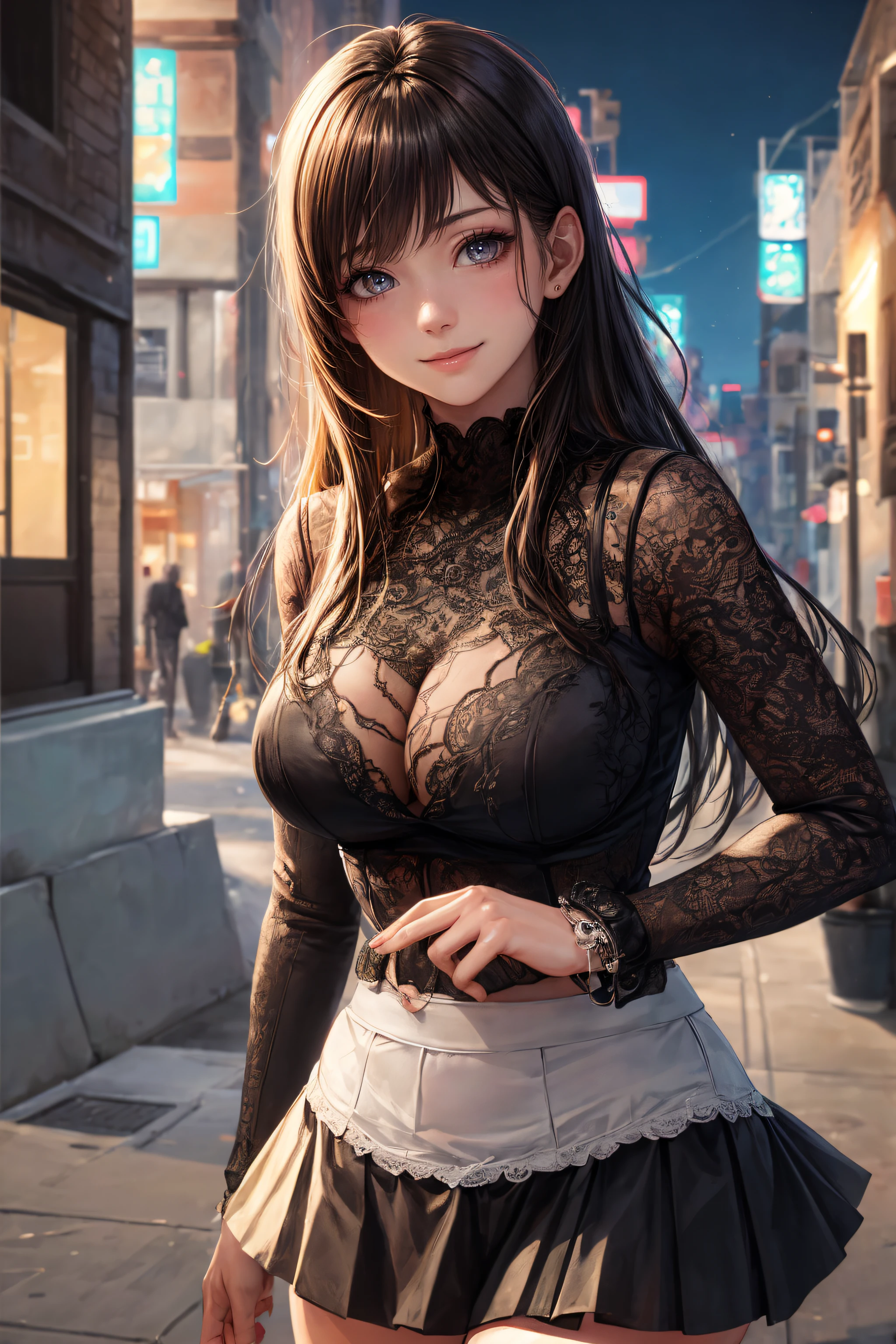 ((Currently, a cute and beautiful woman is changing her underwear)), ((22-year-old beauty)), ((embarrassed smile)), ((luscious long hair)), ((voluptuous bust)), ((Outstanding style)) , ((Miniskirt)), ((Gradient eyes)), ((Background is a city night view)), Attractive makeup, Single view, NFFSW, UHD, Retina, Masterpiece, Accurate , anatomical, scientifically correct, textured skin, super detail, high detail, high quality, award winning, top quality, high resolution, 1080P, HD, 4K, 8k, 16k