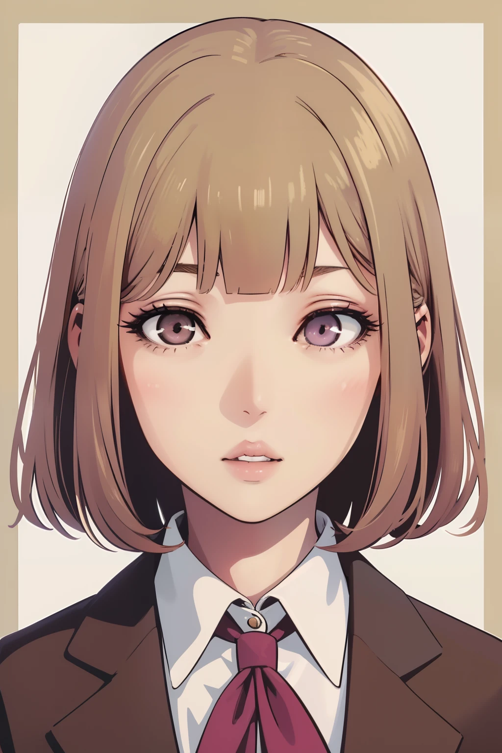 Hana Midorikawa、A detailed face、Bring your face closer、pink lipsticks、thick lips、Glossy lips、pointed eye、School uniform、Brown blazer、Brown skirt、flat breast、bob cuts、blonde  hair、bangss