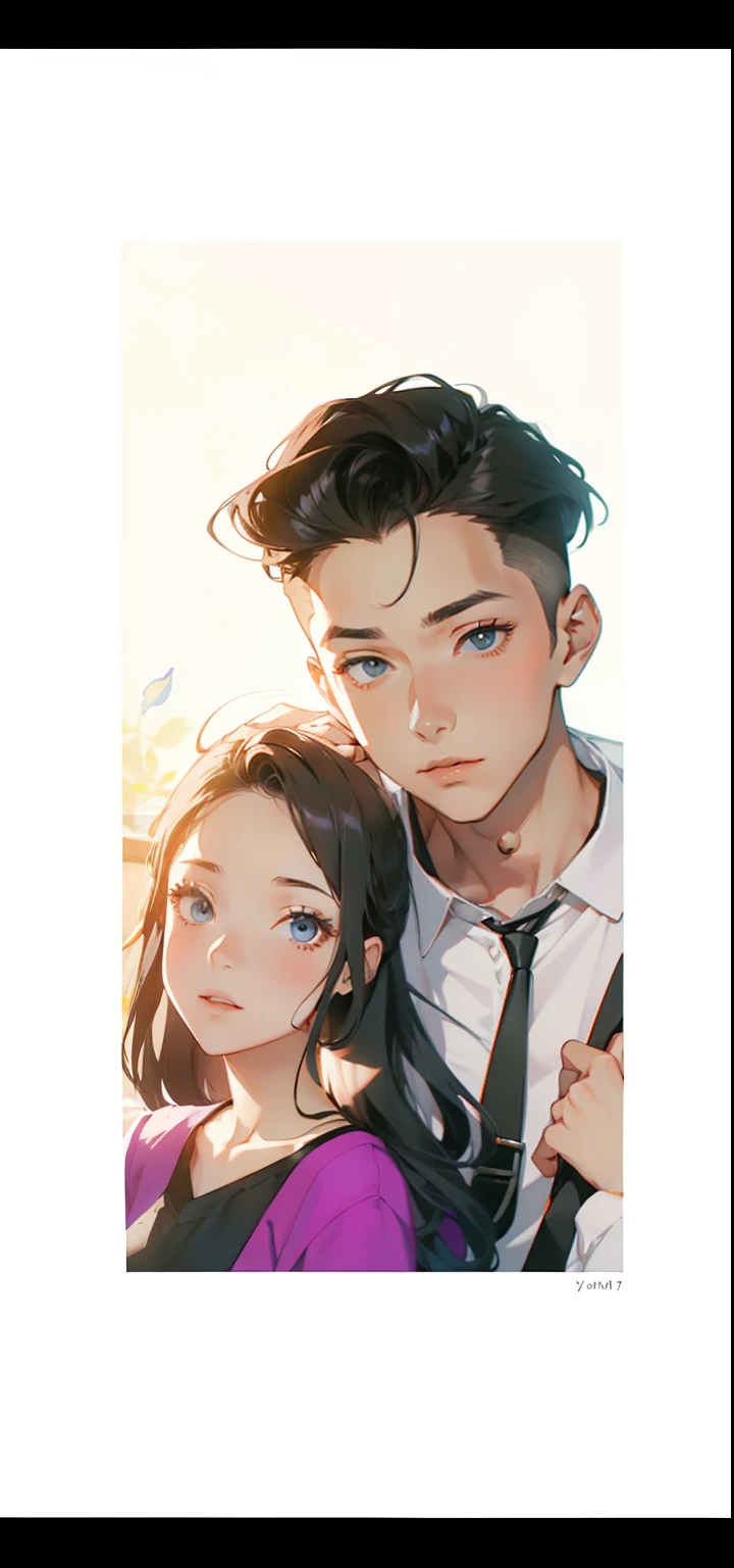 Male and female couples Girl sitting on a chair wearing a tight skirt over a blouse。Boys hugging each other from behind。Boy in high school long pants uniform with mash cut hairstyle。Without glasses