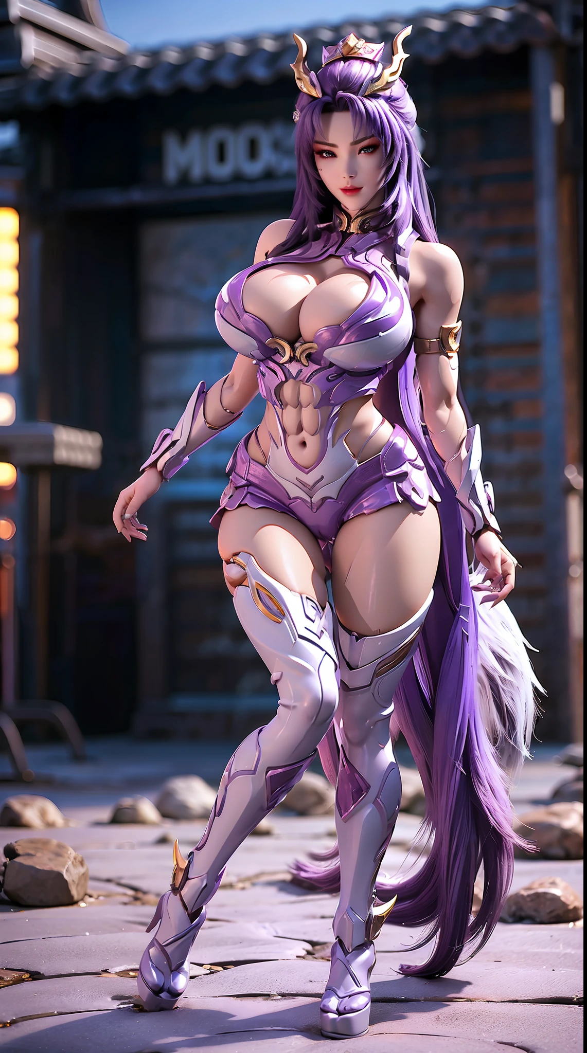 (FOX QUEEN HELM), (ULZZANG), (HUGE FAKE BOOBS:1.2), (purple, white), (FUTURISTIC MECHA CROP TOP:1), (CLEAVAGE), (SKINTIGHT YOGA PANTS:1), (HIGH HEELS), (PERFECT BODY:1.2), (FULL BODY:1.2), (LOOKING AT VIEWER), (STANDING:1.3), SEXY BODY, (MUSCLE ABS:1.3), UHD, 8K, 1080P.