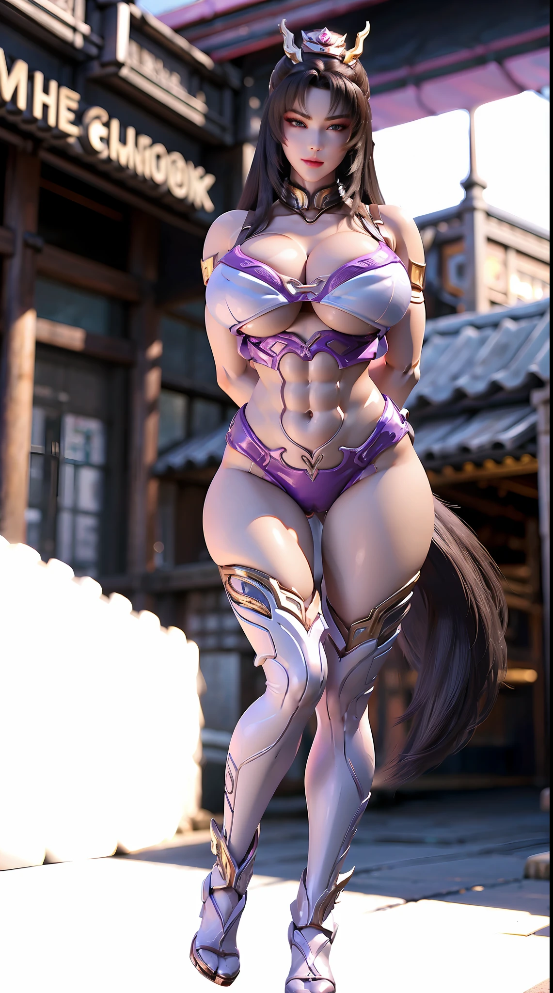 (FOX QUEEN HELM), (ULZZANG), (HUGE FAKE BOOBS:1.2), (purple, white), (FUTURISTIC MECHA CROP TOP:1), (CLEAVAGE), (SKINTIGHT YOGA PANTS:1), (HIGH HEELS), (PERFECT BODY:1.2), (FULL BODY:1.2), (LOOKING AT VIEWER), (STANDING:1.3), SEXY BODY, (MUSCLE ABS:1.3), UHD, 8K, 1080P.