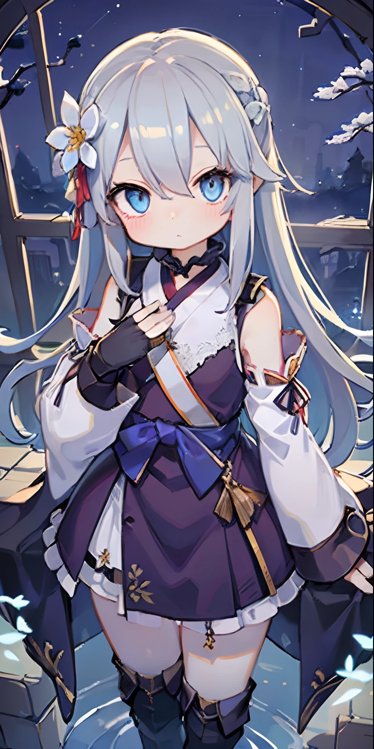 (Overhead view), dynamic angle, ultra-detailed, illustration, close-up, direct, 1 girl, (fantasy: 1.4), (blue eyes: 1.233), Her eyes shone like dreamy stars, (bright eyes: 1.233), (beautiful, detailed eyes:1.1),(silver hair:1.14),(messy hair,very long hair,French braid,hair between eyes,side locks),(+(bule hair flower:1.14)),(dress chiffon, teapot flower pattern on uniform)/=(military uniform: 1.24),(detached sleeves,wide sleeves),(fingerless gloves),choker,(miko thighs),High heel boots,(expressionless,mouth closed),(standing), (classic princess boudoir with dressing table and French window in white ancient palaces), (white flowers, blossom), (abysmal sea), (running water), (a dull blue tree in the world: 1, 14), (ruins), (night: 1,2),soul,dreamy,(fluorescence),(flying translucent blue butterflies:1.15), [[delicate fingers and hands:0.55]::0.85],(detailed fingers) ,(yubao:0.5),