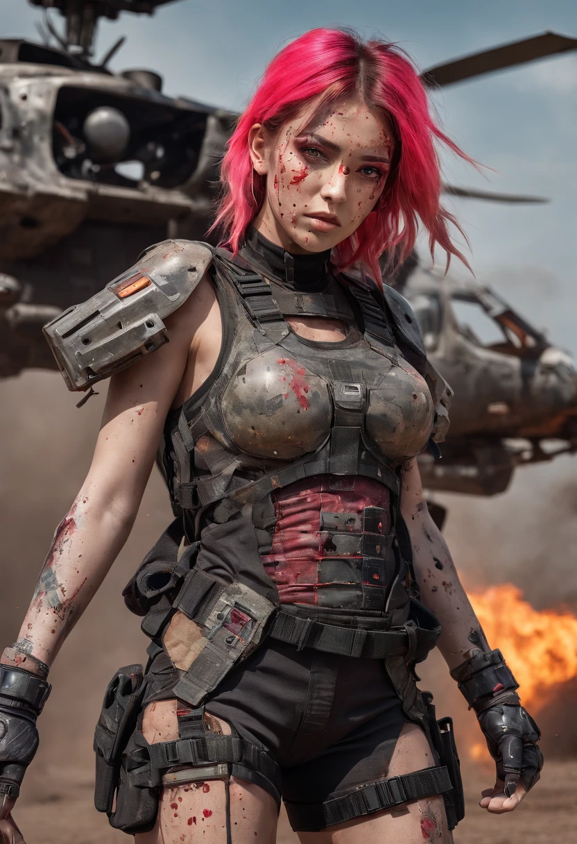 Postapocalyptic combat scene with a Beautiful hyperrealistic photograph of a Group of Young American women with Runic tattoos, ((dirty face Blood splattered)), (((wearing full heavy mecha armor, combat harness, Neon highlights))) Short Red Dreadlocks, combat pose, (((Holding on to the side of a combat Sci-Fi Combat helicopter))), exterior of Destroyed building, Fires, Smoke, debris, Camo netting, Ammo Boxes abstract beauty, near perfection, pure form, intricate detail, 8k post-production, High resolution, super Detail, trending on ArtStation, sharp focus, studio photos, intricate detail, Very detailed, By Greg Rutkowski