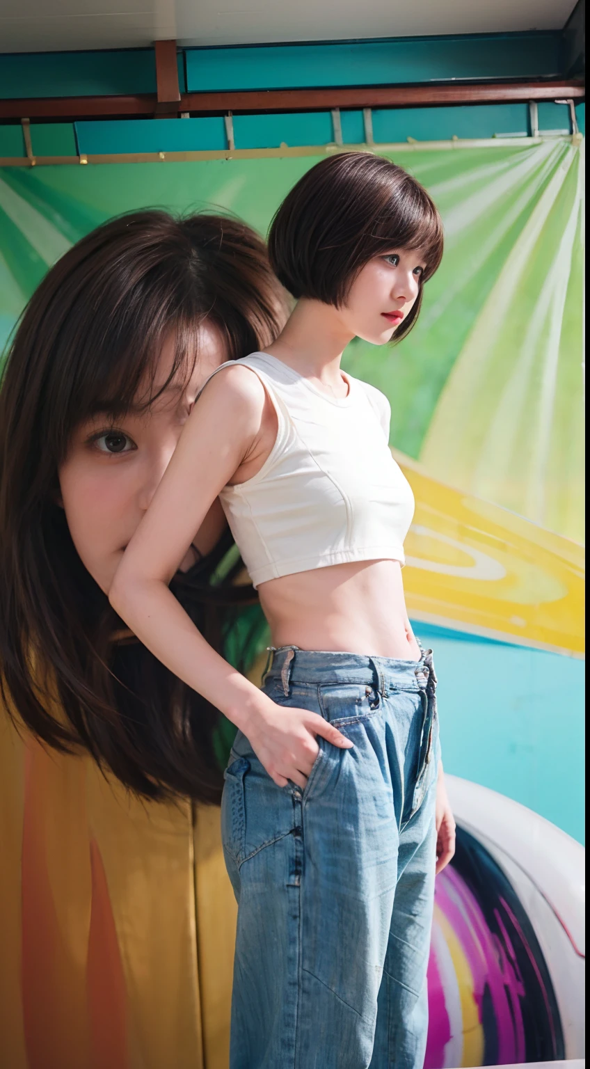 16
(Shorthair:1.3), (a 20 yo woman), (A hyper-realistic), (masutepiece), (8KUHD), Woman in long pants, Small eyes, (Abstract background:1.23)