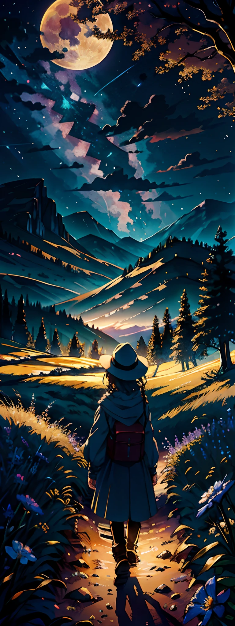 Expansive landscape photograph, (view from below with a view of the sky and the wilderness below), girl standing in a flower field looking up, (full moon: 1.2), (shooting star: 0.9), (nebula: 1.3), distant mountain, tree break production art, (warm light source: 1.2), (firefly: 1.2), lamp, purple and orange, intricate detail, volume lighting BREAK (masterpiece: 1.2), (highest quality ), 4k, ultra-detailed, (dynamic configuration: 1.4), highly detailed and colorful details (iridescent: 1.2), (sparkling lighting, atmospheric lighting), dreamy, magical, (solo: 1.2)