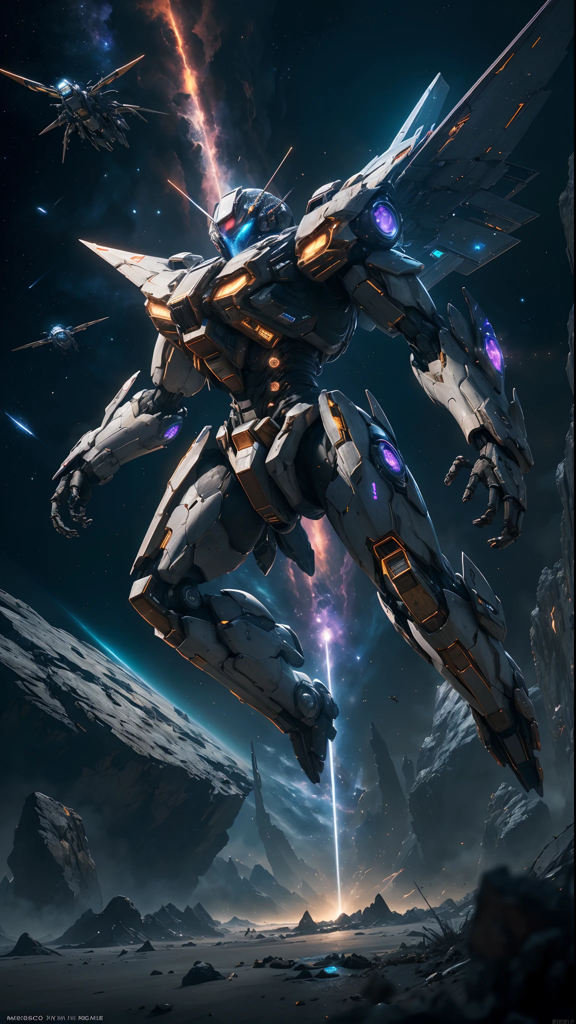 ((Best quality)), ((masterpiece)), (highly detailed:1.3), 3D, beautiful, (cyberpunk:1.2), in space, nebula, holding_weapon, (1mecha:1.3), facing the viewer, glowing eyes, full body, (flying, swooping down, dynamic, motion blur: 1.4), (huge mecha wings: 1.6), looking up, glowing_eyes, mecha, panorama, background is earth, nebula, space, particles, reality, HDR (High Dynamic Range), Ray Tracing, NVIDIA RTX, Super Resolution, Unreal 5, Subsurface Scattering, PBR Texturing, Post Processing, Anisotropic Filtering, Depth of Field, Maximum Clarity and Clarity, Multilayer Textures, Albedo and Specular map, Surface shading, accurate simulation of light-material interaction, perfect proportion, Octane Render, two-tone lighting, large aperture, low ISO, white balance, rule of thirds, 8K RAW, efficient sub-pixel, sub-pixel convolution,