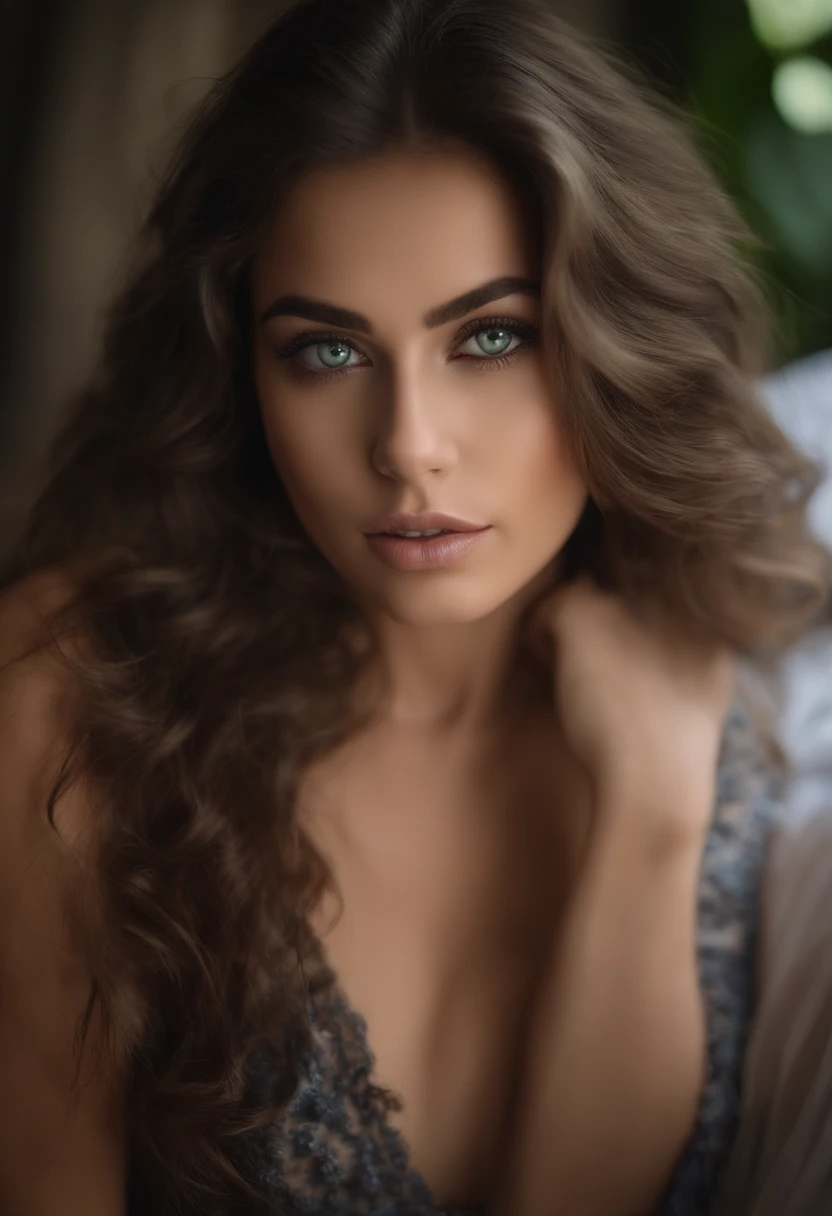 Arafed woman completely , fille sexy aux yeux vert , ultra realist, Meticulously detailed, Portrait Seltin sweety cheveux bruns et grands yeux, selfie of a young woman, , Violet Myers, sans maquillage, maquillage naturel, looking straight at camera, Visage avec Artgram, Maquillage subtil, Great photo of the whole body kneeling on the bed, dans la chambre, Medium to large bust