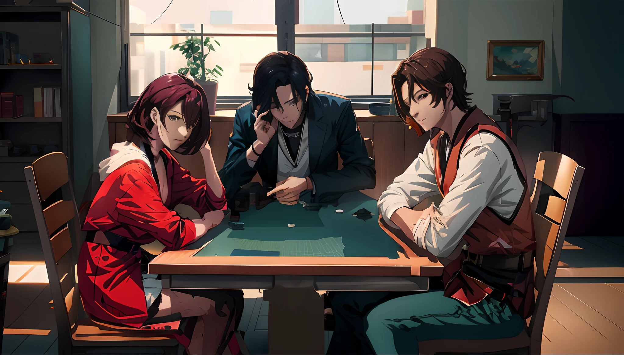 Anime characters sitting at tables playing card games, ; visual novel, card game illustration, lawther sit at table playing dnd, in the art style of 8 0 s anime, Badass anime 8 K, visual novel, visual novels CG, card game, visual novel key visual, style of anime4 K, In anime style, SNK, Digital anime illustration,