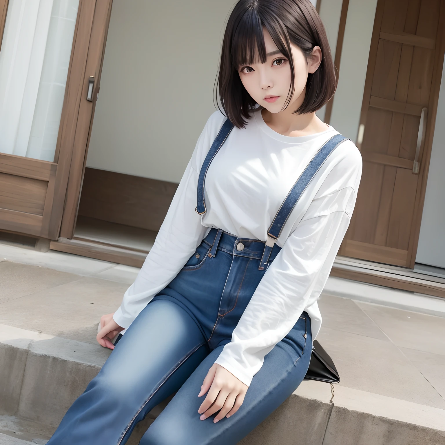 Woman wearing jeans with white shirt and leather jeans、top-quality、japanes、26 year old、soio、(Number of people around:1.2)、Shoulder-length black hair、Medium bob