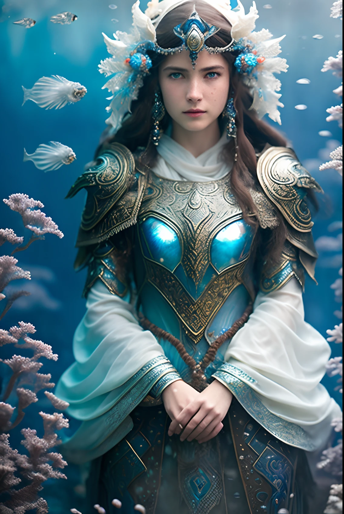 Photos of award-winning women、tough、blue eyess、((abyssal、Caustics、under the water))、Dark blue atmosphere、coral reef background、water bubbles、White glowing armor with highly detailed carvings、head gear、windy long hair、fantasy worlds、mystical、foggy、depth of fields、Realistic as a photo、Nostalgia by greg rutkowski、
