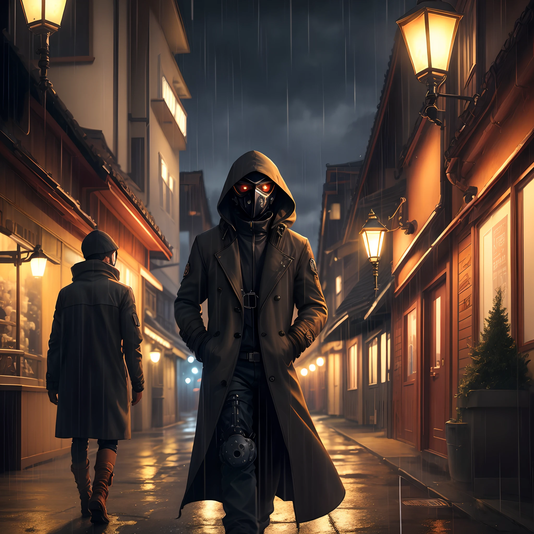 wind coat,Machinary,the night,little bit of raining,Mask Mleys,lamplight