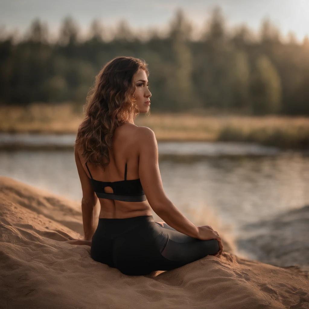 (aesthetic:1.1),brunette with perfect body,big boobs and big ass,long light brown hair,hot leggings,backview,sharp background,(highres,8k),(realistic,photorealistic:1.37),(studio lighting,vivid colors)