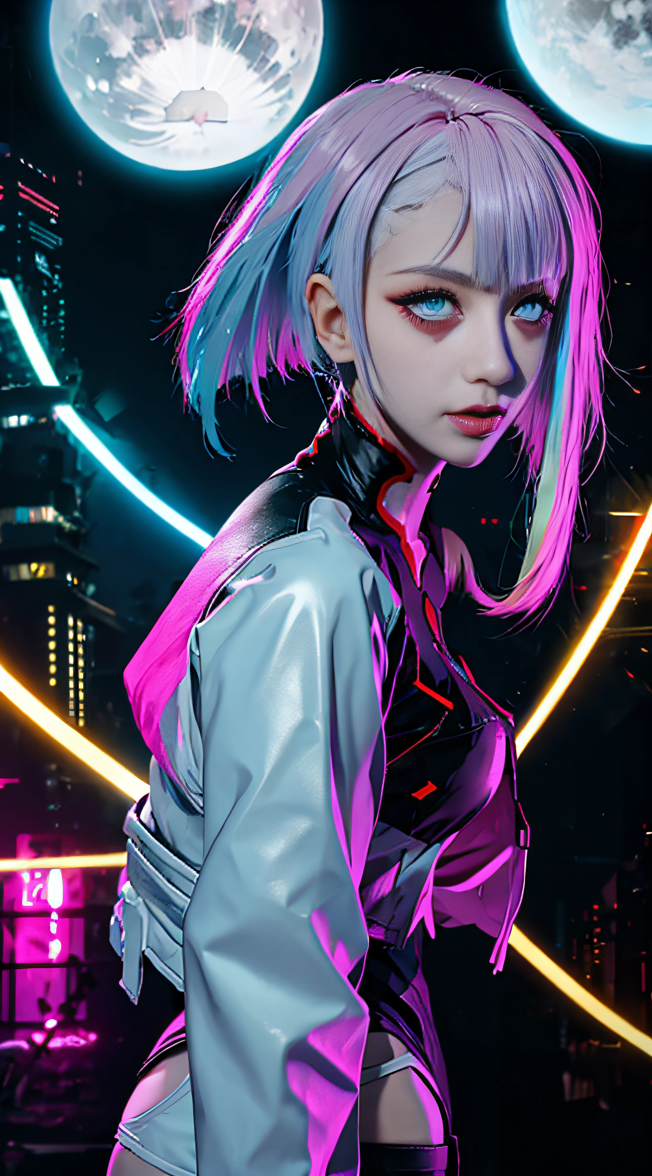 lucy \(cyberpunk\), 1girl, hair scrunchie, hime cut, silver hair, colored tips, full moon, grey eyes, jacket, long sleeves, looking at viewer, medium hair, multicolored hair, parted bangs, parted lips, pink hair, portrait, red eyeliner, red lips, solo, white jacket, cyberpunk \(series\), rainy night in a cyberpunk city with glowing neon lights