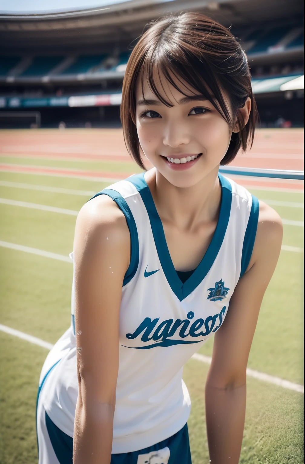 (((short-range、Long distance、Mass sweat)))、1 beautiful girl、Lean forward to bring your chest closer、Wet shirt、a wet body、((toru & Field Athletes Women))、(((1 persons)))、((Short-cut hairstyles))、Competition uniforms、((Stadium))、Transcendent Cute、A slight smil、Beautiful breasts、full body Esbian、hairarmpits、athletic field、((Outstanding style))、((Healthy body))、18year old 、Women in Japan、Photorealsitic、Beautiful detailed eyes、Hyper-Realism、highcontrast、Ultra HD、realistic skin textures、Top image quality、top-quality、超A high resolution、Fine details、Very meticulously、clean legs、