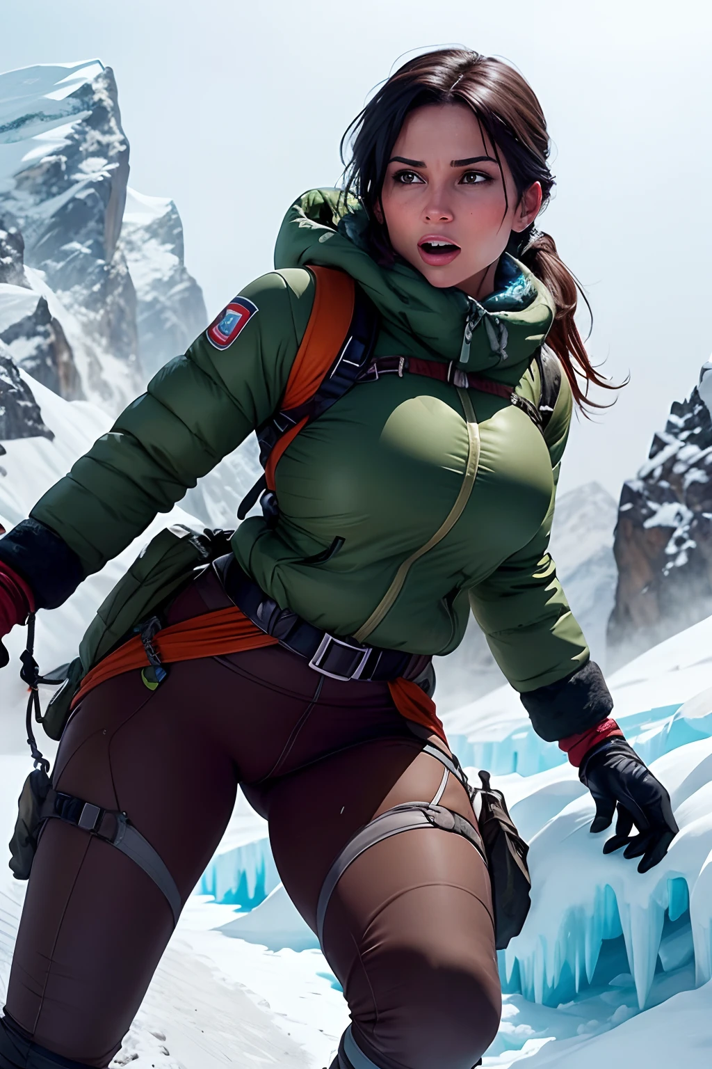 Lara Croft climbing the mount everest, snow clothes, glacier, ice, snowing, cold weather, storming