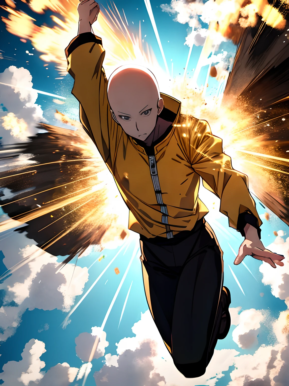 Saitama leaping into the air, with a burst of light around him