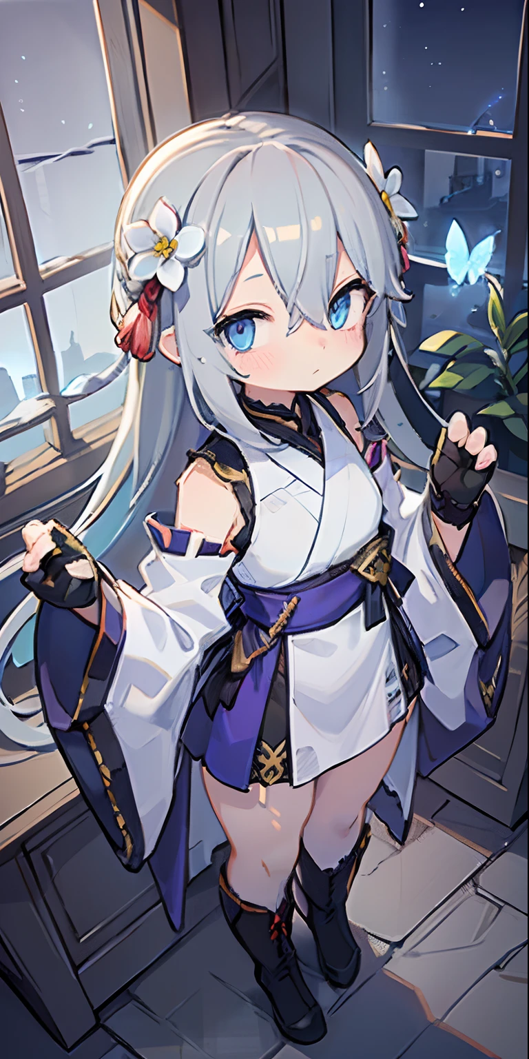 (Overhead view), dynamic angle, ultra-detailed, illustration, close-up, direct, 1 girl, (fantasy: 1.4), (blue eyes: 1.233), Her eyes shone like dreamy stars, (bright eyes: 1.233), (beautiful, detailed eyes:1.1),(silver hair:1.14),(messy hair,very long hair,French braid,hair between eyes,side locks),(+(bule hair flower:1.14)),(dress chiffon, teapot flower pattern on uniform)/=(military uniform: 1.24),(detached sleeves,wide sleeves),(fingerless gloves),choker,(miko thighs),High heel boots,(expressionless,mouth closed),(standing), (classic princess boudoir with dressing table and French window in white ancient palaces), (white flowers, blossom), (abysmal sea), (running water), (a dull blue tree in the world: 1, 14), (ruins), (night: 1,2),soul,dreamy,(fluorescence),(flying translucent blue butterflies:1.15), [[delicate fingers and hands:0.55]::0.85],(detailed fingers) ,(yubao:0.5),
