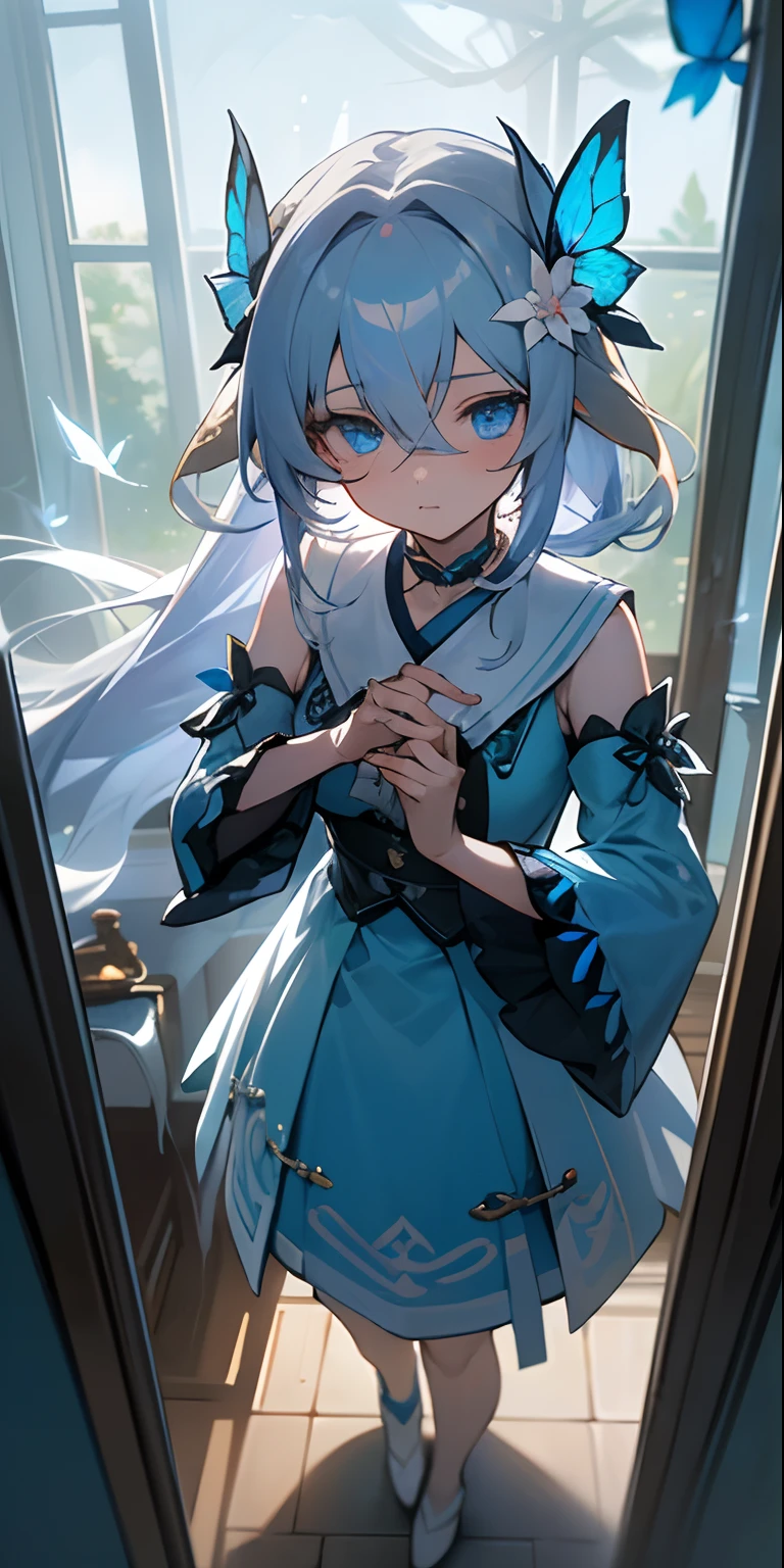 (Overhead view), dynamic angle, ultra-detailed, illustration, close-up, direct, 1 girl, (fantasy: 1.4), (blue eyes: 1.233), Her eyes shone like dreamy stars, (bright eyes: 1.233), (beautiful, detailed eyes:1.1),(silver hair:1.14),(messy hair,very long hair,French braid,hair between eyes,side locks),(+(bule hair flower:1.14)),(dress chiffon, teapot flower pattern on uniform)/=(military uniform: 1.24),(detached sleeves,wide sleeves),(fingerless gloves),choker,(miko thighs),High heel boots,(expressionless,mouth closed),(standing), (classic princess boudoir with dressing table and French window in white ancient palaces), (white flowers, blossom), (abysmal sea), (running water), (a dull blue tree in the world: 1, 14), (ruins), (night: 1,2),soul,dreamy,(fluorescence),(flying translucent blue butterflies:1.15), [[delicate fingers and hands:0.55]::0.85],(detailed fingers) ,(yubao:0.5),