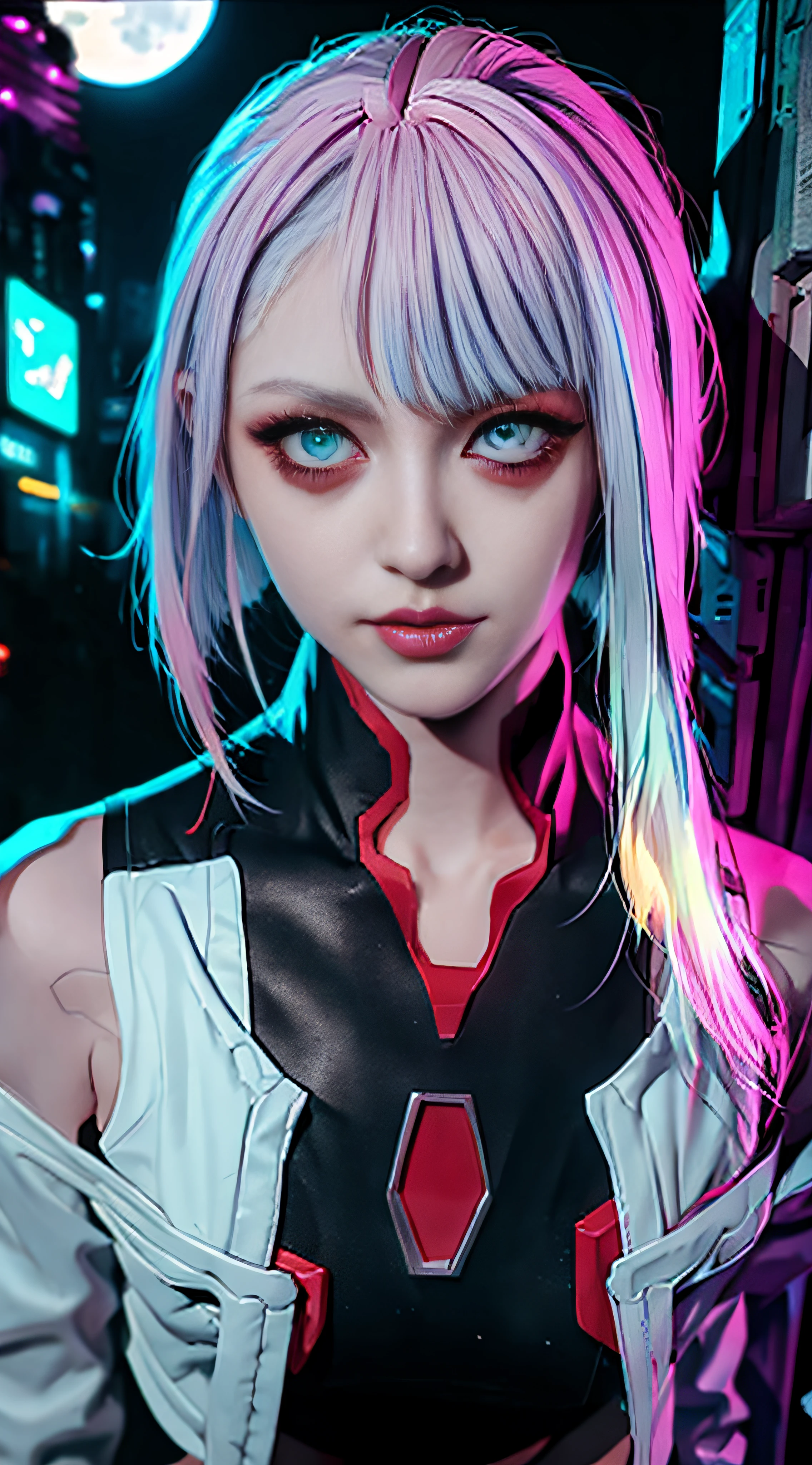 lucy \(cyberpunk\), 1girl, hair scrunchie, hime cut, silver hair, colored tips, full moon, grey eyes, jacket, long sleeves, looking at viewer, medium hair, multicolored hair, parted bangs, parted lips, pink hair, portrait, red eyeliner, red lips, solo, white jacket, cyberpunk \(series\), rainy night in a cyberpunk city with glowing neon lights