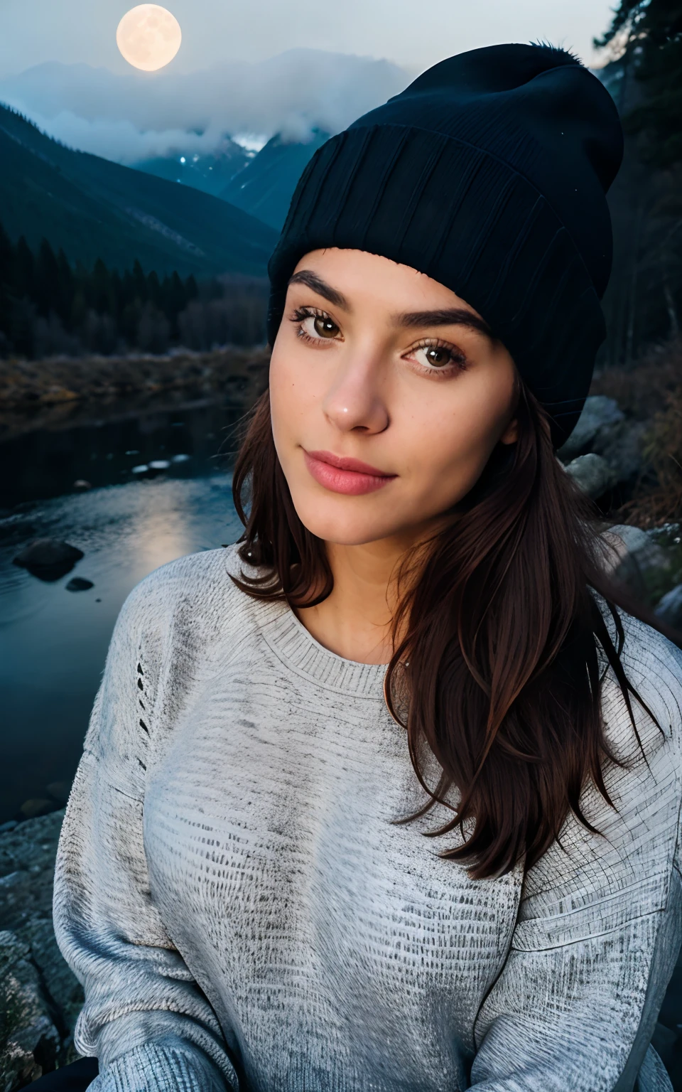 photorealistic, best quality, hyper detailed, beautiful woman, selfie photo, upper body, solo, wearing pullover, outdoors, (night), mountains, real life nature, stars, moon, (cheerful, happy), sleeping bag, gloves, sweater, beanie, flashlight, forest, rocks, river, wood, smoke, fog, clear sky, analog style, looking at viewer, skin texture, film grain, close up, ultra high res, best shadow, RAW, instagram LUT
