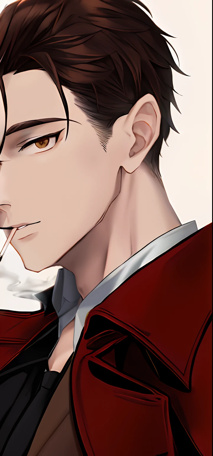Handsome man in brown jacket and smoking cigarette,