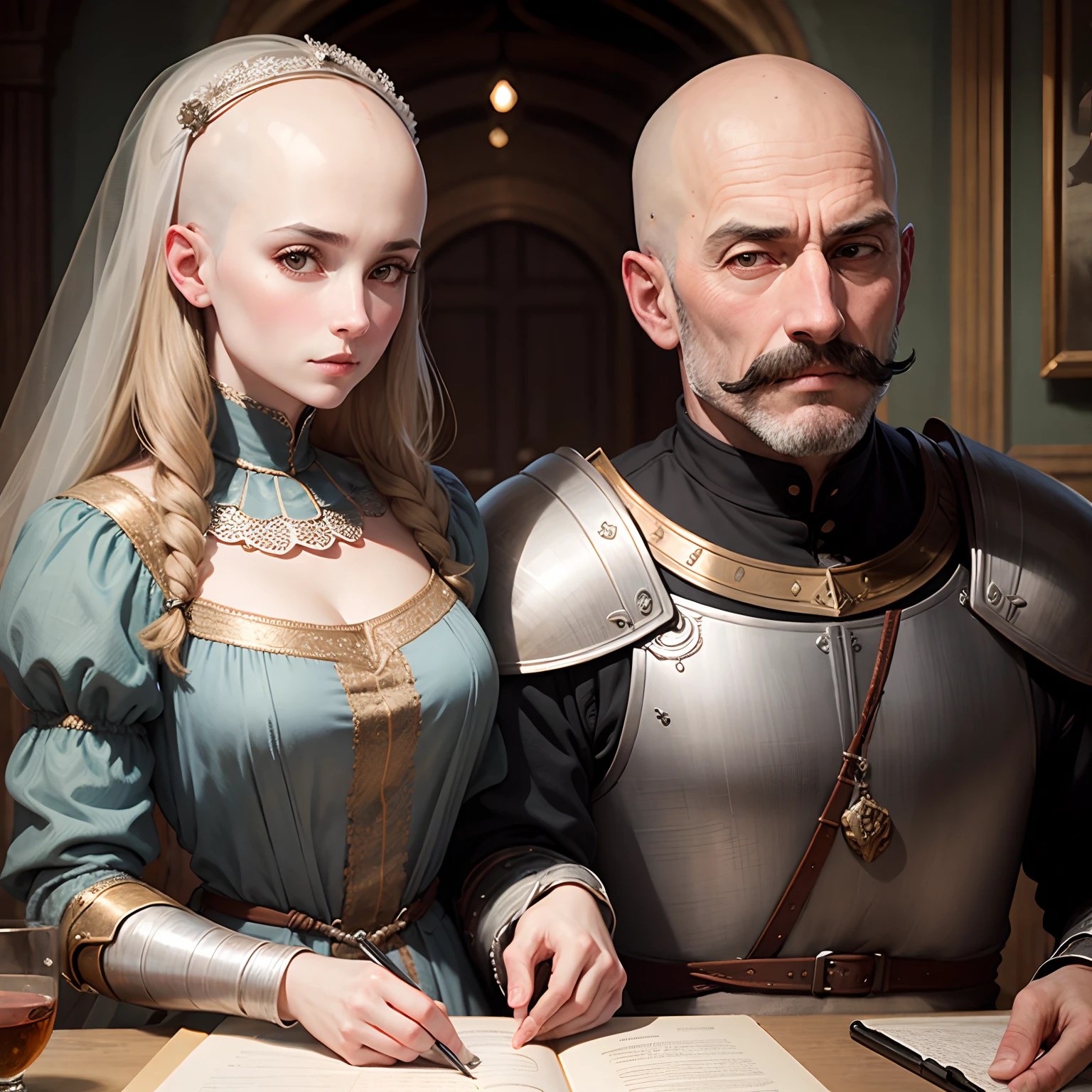 Portrait of a married couple: Bald mustachioed knight wife, Early Middle Ages, Author: Durer