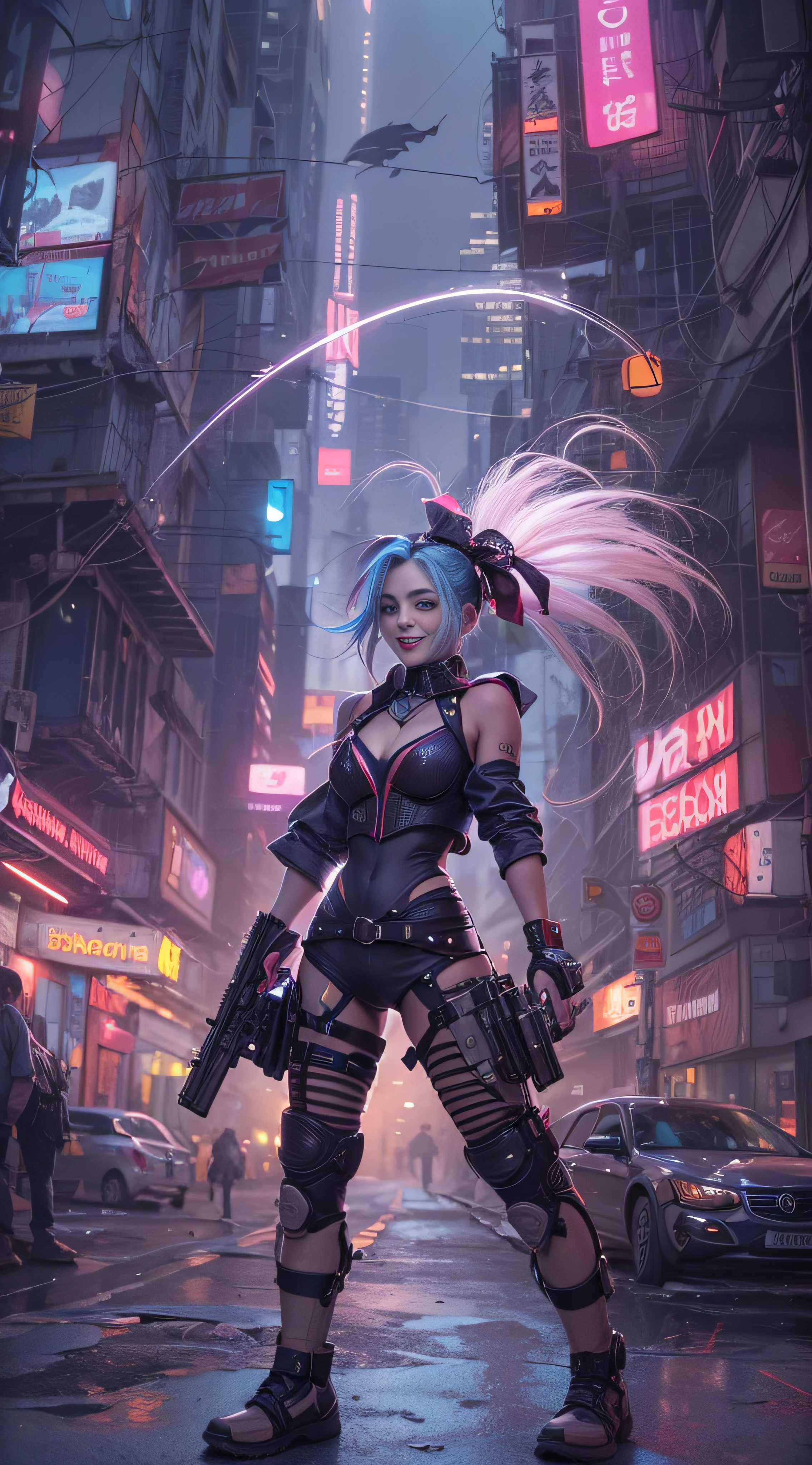 ((Jinx is heavily armed), (fisheyelens), self-shot, Cowboy shot, Wind, Messy hair, cyberpunk city landscape, (Aesthetics and atmosphere:1.2),Smiling, ，wide wide shot