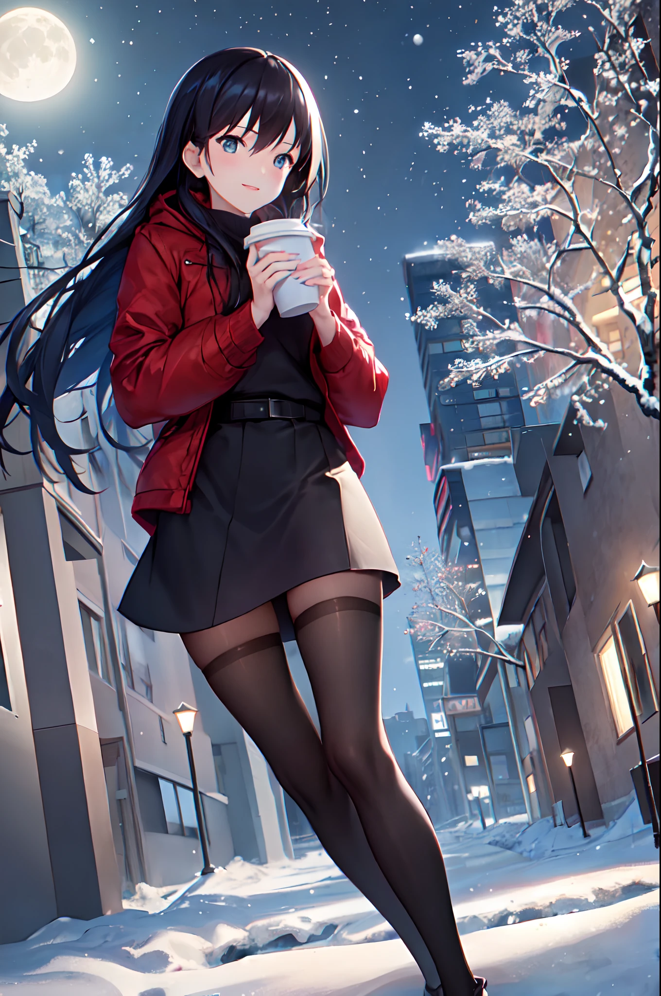 1girl, winter, Holding a cup of coffee in your hands, red jacket, Upskirt, black tights, Ultra Detailed, Background, black hair, blue eyes, Smile, snowing, straight hair, detailed legs, octans, skye, Star(skye), scenery, Starry sky, night time, night  sky, exteriors, building, Cloud, the Milky Way, sitting, a tree, City, silhouette, urban landscape, moon light