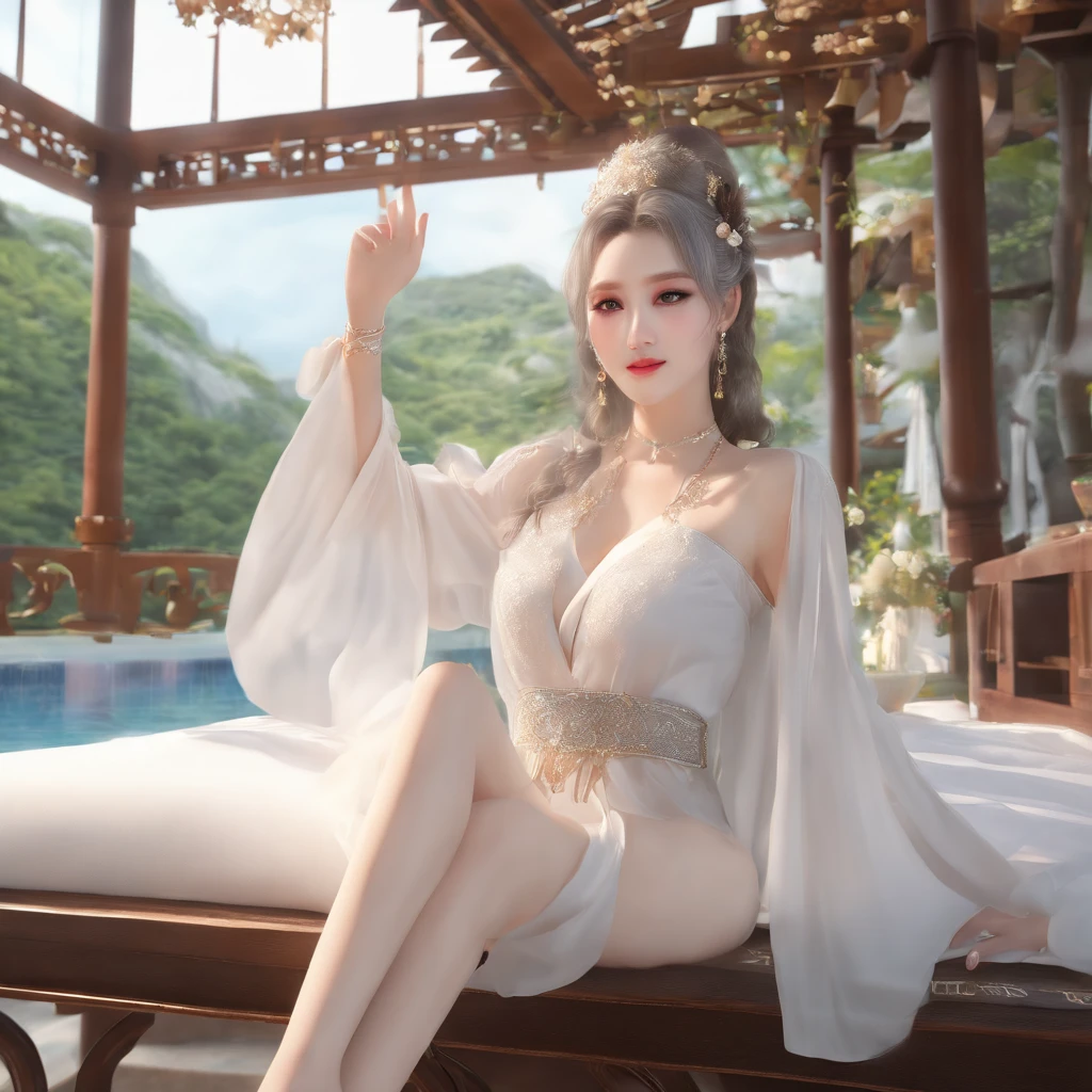 Beauty out of the bath,lake water,white clothes,Long straight legs,soaking wet hair,Female maturity,Bigchest,Snow-white snow-white skin,Crystal clear skin,Such as white jade,Ultimate detail,The ultimate in beautiful face,Very detailed,8K,ultraclear,pink color clothes(Short and cute)