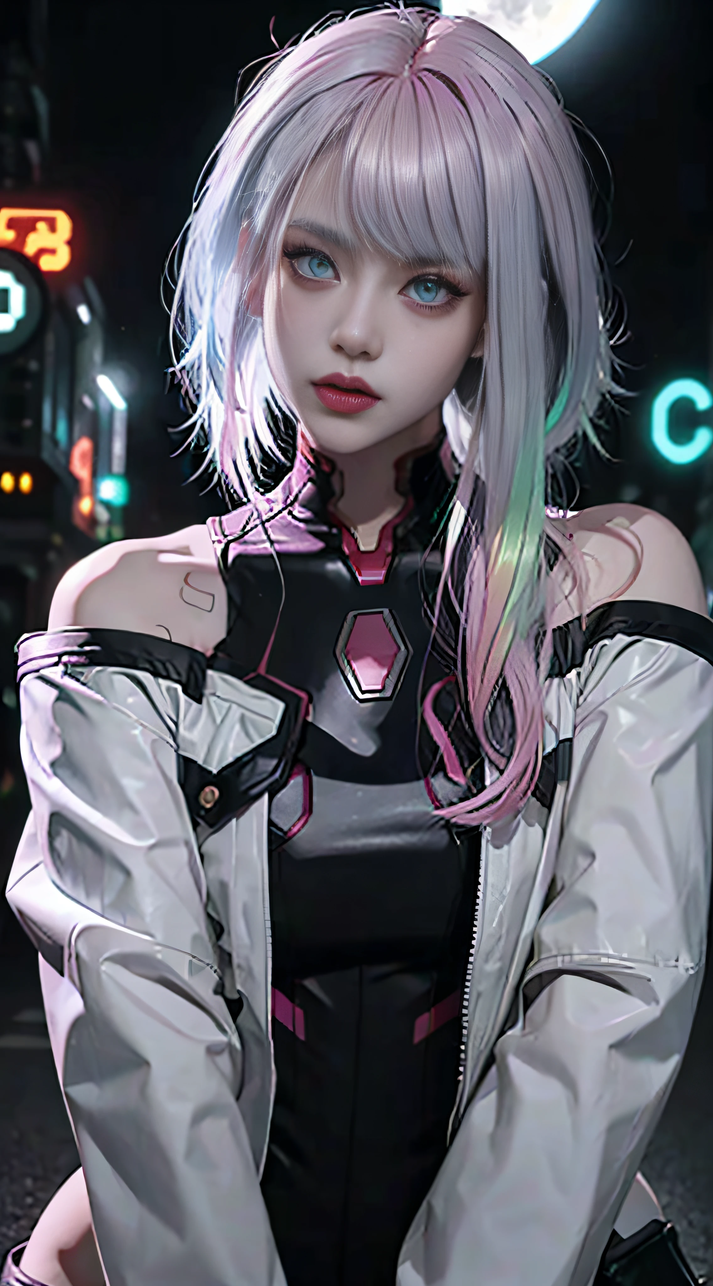 lucy \(cyberpunk\), 1girl, hair scrunchie, hime cut, silver hair, colored tips, full moon, grey eyes, jacket, long sleeves, looking at viewer, medium hair, multicolored hair, parted bangs, parted lips, pink hair, portrait, red eyeliner, red lips, solo, white jacket, cyberpunk \(series\), rainy night in a cyberpunk city with glowing neon lights