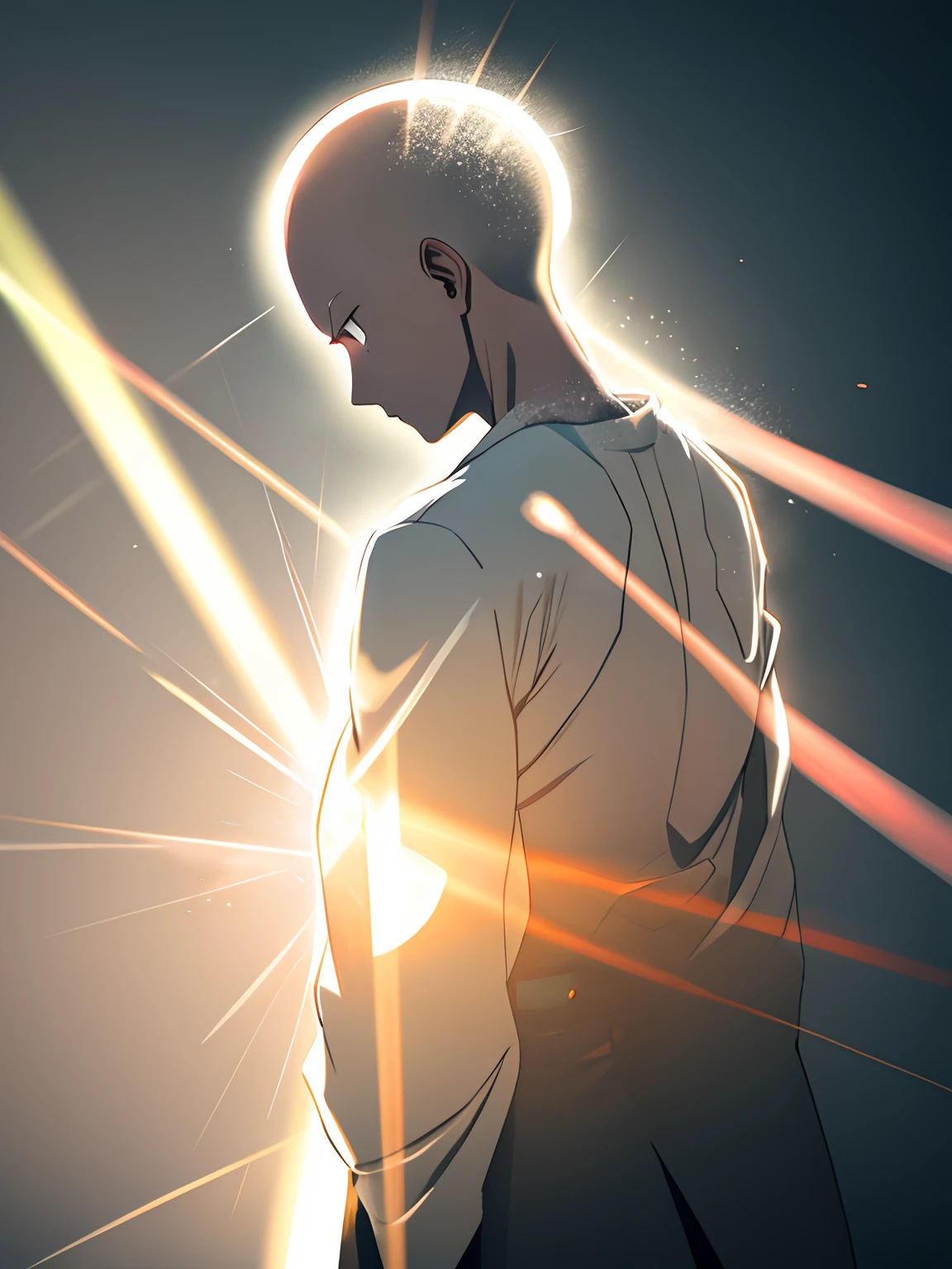 Light emanating from the head of Saitama, back view