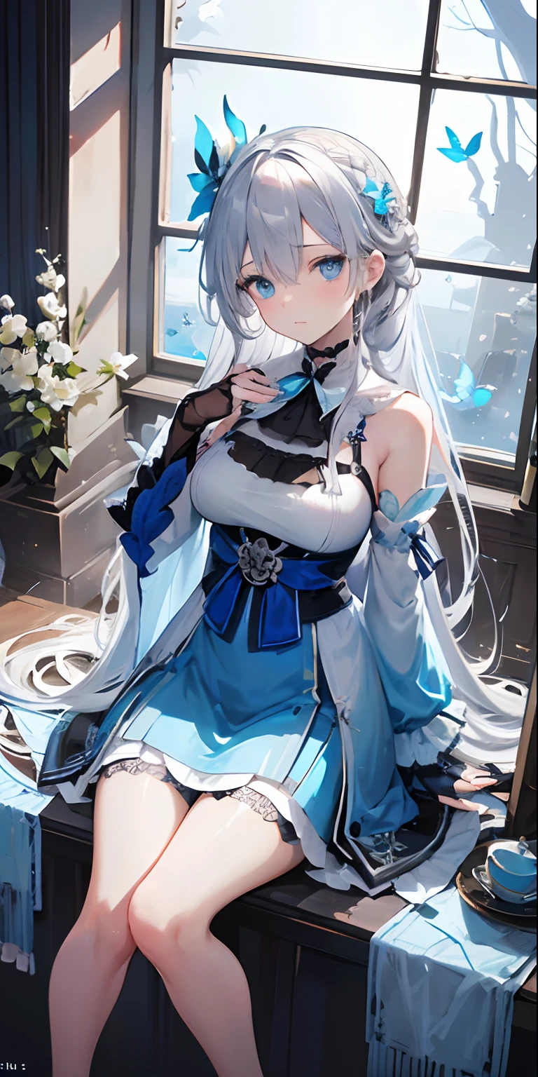 (Overhead view), dynamic angle, ultra-detailed, illustration, close-up, direct, 1 girl, (fantasy: 1.4), (blue eyes: 1.233), Her eyes shone like dreamy stars, (bright eyes: 1.233), (beautiful, detailed eyes:1.1),(silver hair:1.14),(messy hair,very long hair,French braid,hair between eyes,side locks),(+(bule hair flower:1.14)),(dress chiffon, teapot flower pattern on uniform)/=(military uniform: 1.24),(detached sleeves,wide sleeves),(fingerless gloves),choker,(miko thighs),High heel boots,(expressionless,mouth closed),(standing), (classic princess boudoir with dressing table and French window in white ancient palaces), (white flowers, blossom), (abysmal sea), (running water), (a dull blue tree in the world: 1, 14), (ruins), (night: 1,2),soul,dreamy,(fluorescence),(flying translucent blue butterflies:1.15), [[delicate fingers and hands:0.55]::0.85],(detailed fingers) ,(yubao:0.5),
