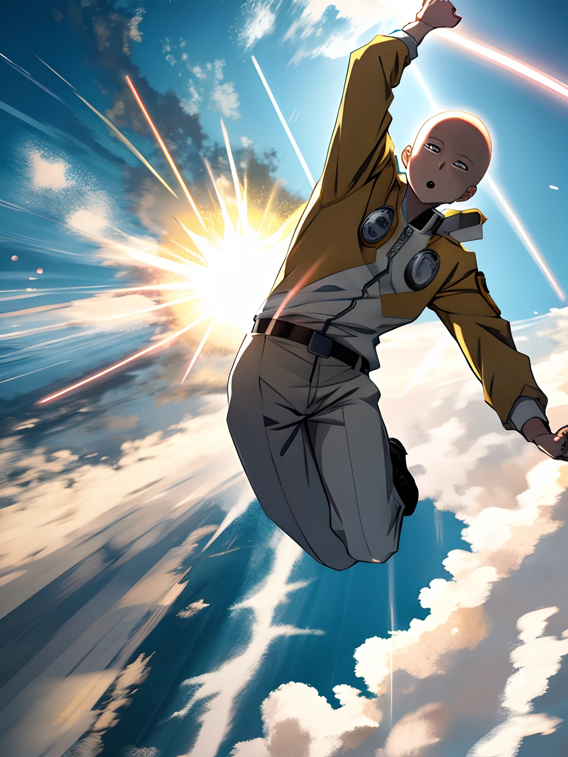 Saitama leaping into the air, with a burst of light around him