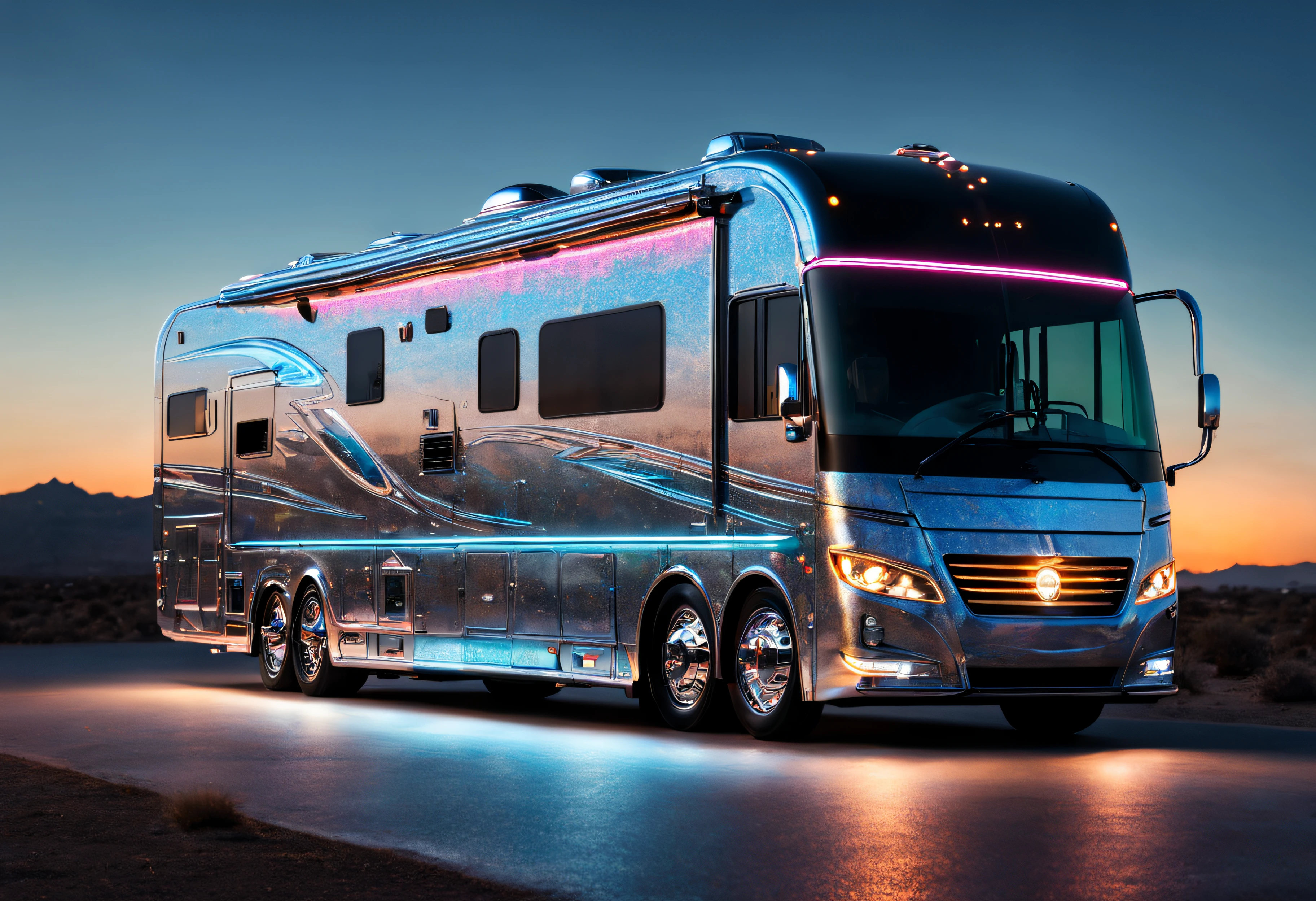 ((amazing quality, award winning, superior quality, masterpiece, intricately detailed, extremely detailed, photo realistic, ultra realistic, 32K, film grain)), hi-tech futuristic RV motorhome made from aerospace grade materials, neon & laser lit, holographic bodywork, hovering above ground,