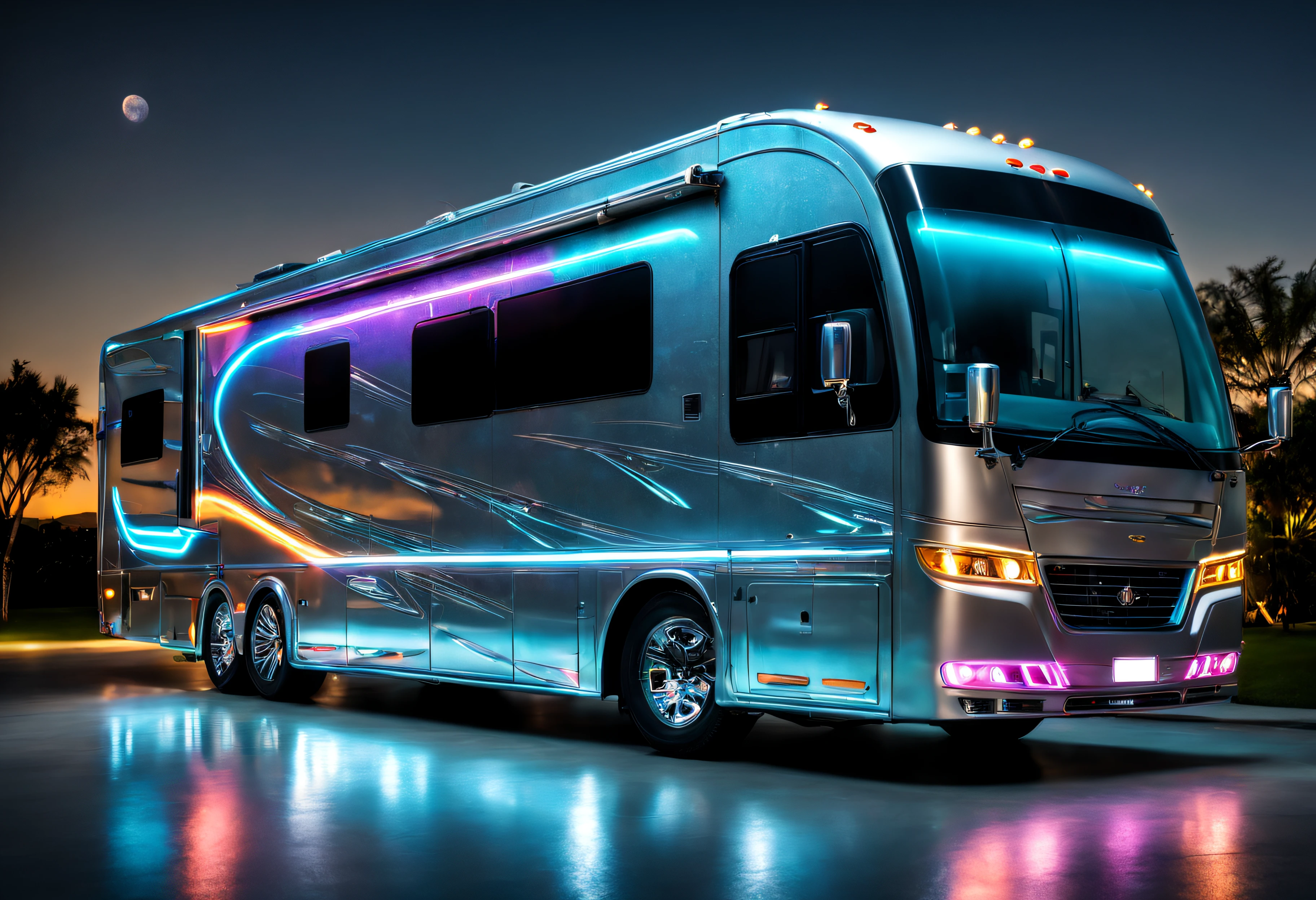 ((amazing quality, award winning, superior quality, masterpiece, intricately detailed, extremely detailed, photo realistic, ultra realistic, 32K, film grain)), hi-tech futuristic RV motorhome made from aerospace grade materials, neon & laser lit, holographic bodywork, hovering above ground,