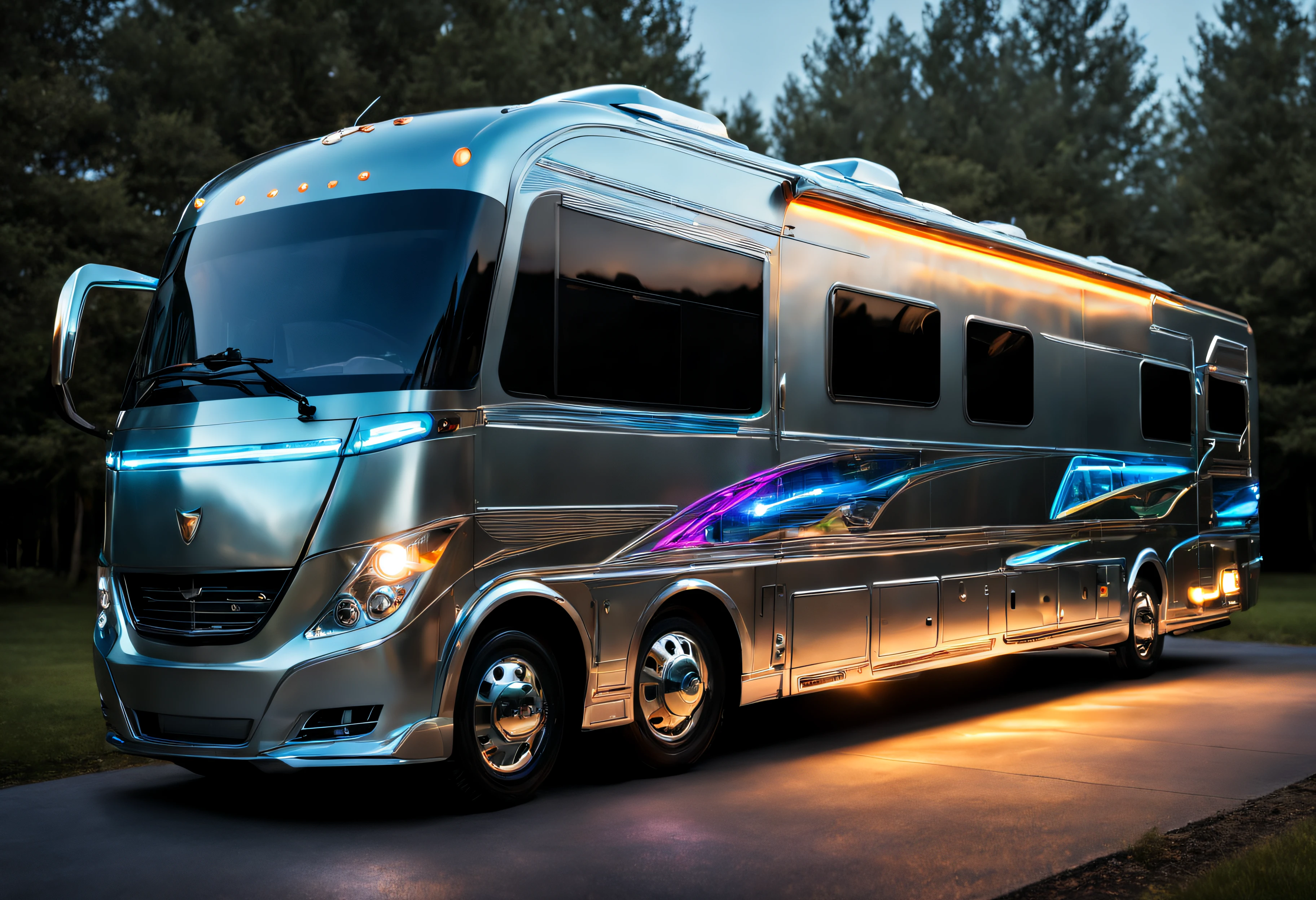 ((amazing quality, award winning, superior quality, masterpiece, intricately detailed, extremely detailed, photo realistic, ultra realistic, 32K, film grain)), hi-tech futuristic RV motorhome made from aerospace grade materials, neon & laser lit, holographic bodywork, hovering above ground,