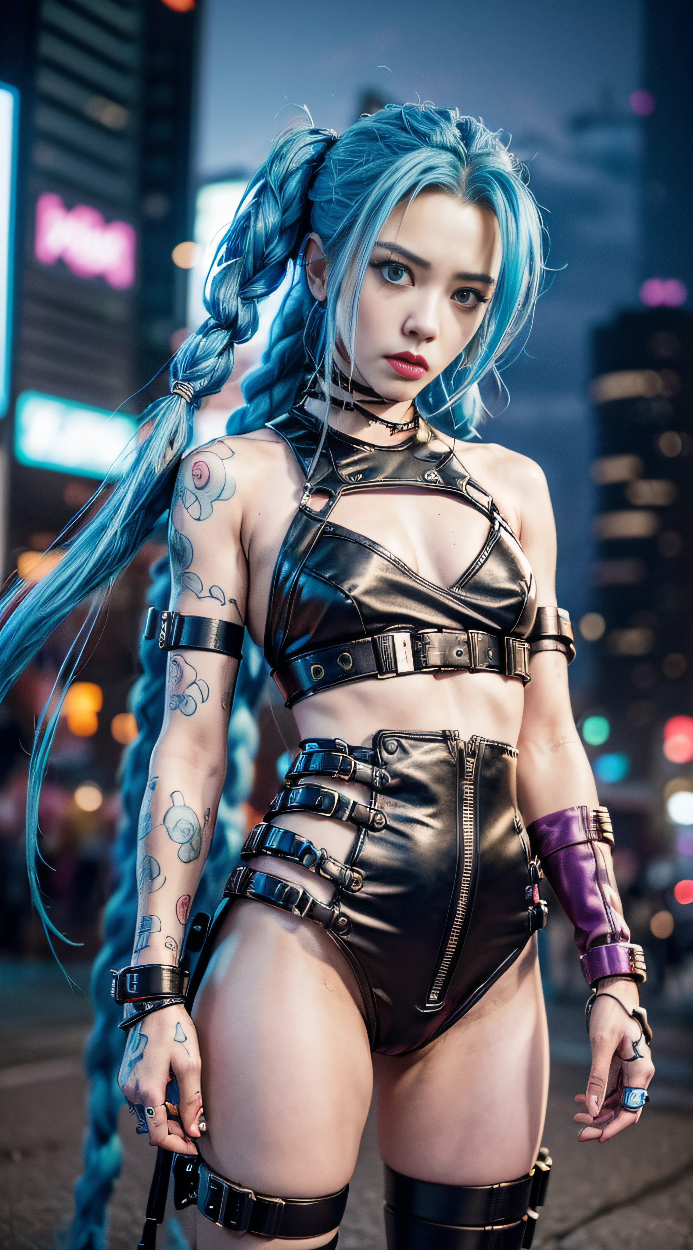 （Cyberpunk Cityscape 1.5）((Jinx is dressed in a Harajuku Tech costume), (Ultra-wide angle lens 1.5 ), self-shot, Cowboy shot, Wind, , cyberpunk city landscape, (Aesthetics and atmosphere:1.2),Grim expression，irate，A fierce-eyed，The eyes of a madman