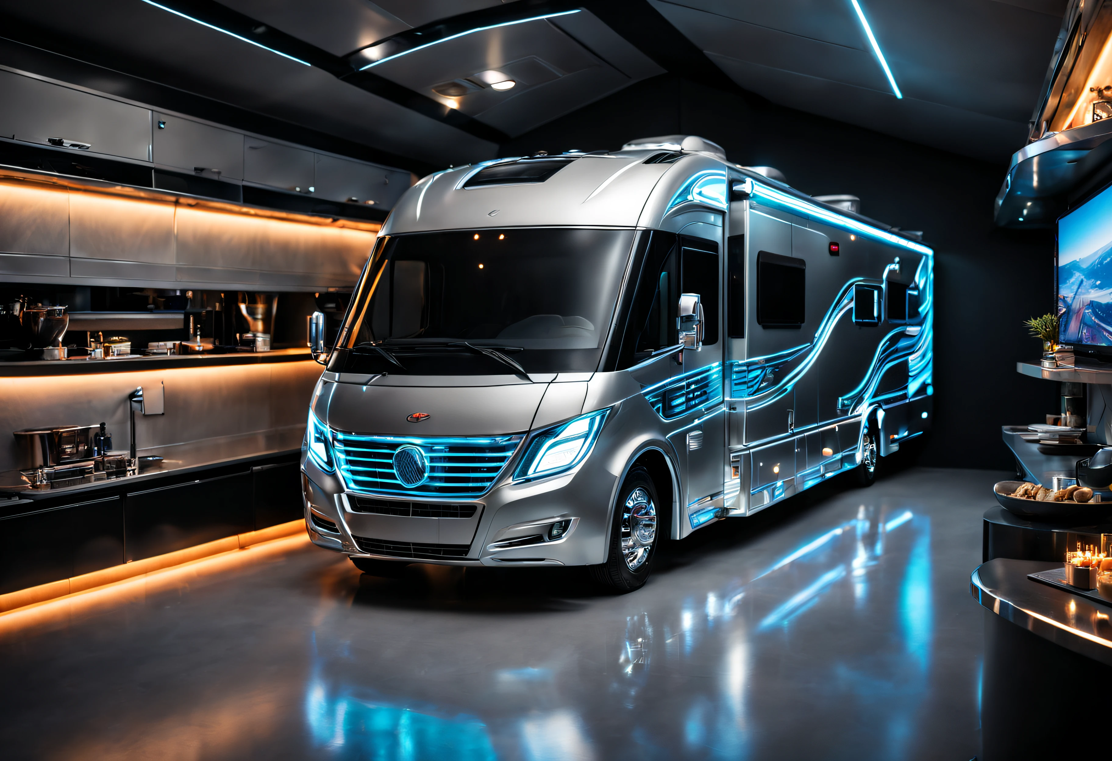 ((amazing quality, award winning, superior quality, masterpiece, intricately detailed, extremely detailed, photo realistic, ultra realistic, 32K, film grain)), hi-tech futuristic RV motorhome made from aerospace grade materials, neon & laser lit, holographic bodywork, hovering above ground,