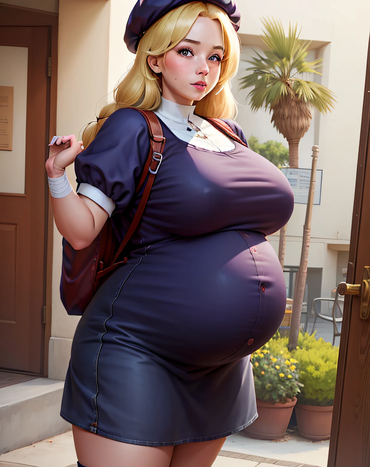 (masterpiece, best quality, high resolution, unity 8k wallpaper, extremely detailed CG:1), (illustration:1.0), 1girl,solo, hinakoms, hat, dress, beret, bandages, backpack , ribbon, Obese, Big Bump pregnant, Big boobs, Big pregnant Belly, Big Pregnant girl, Largest Belly of Pregnant, Huge Pregnancy, Huge 9 months Pregnancy Belly, huge belly expansion, huge belly girl