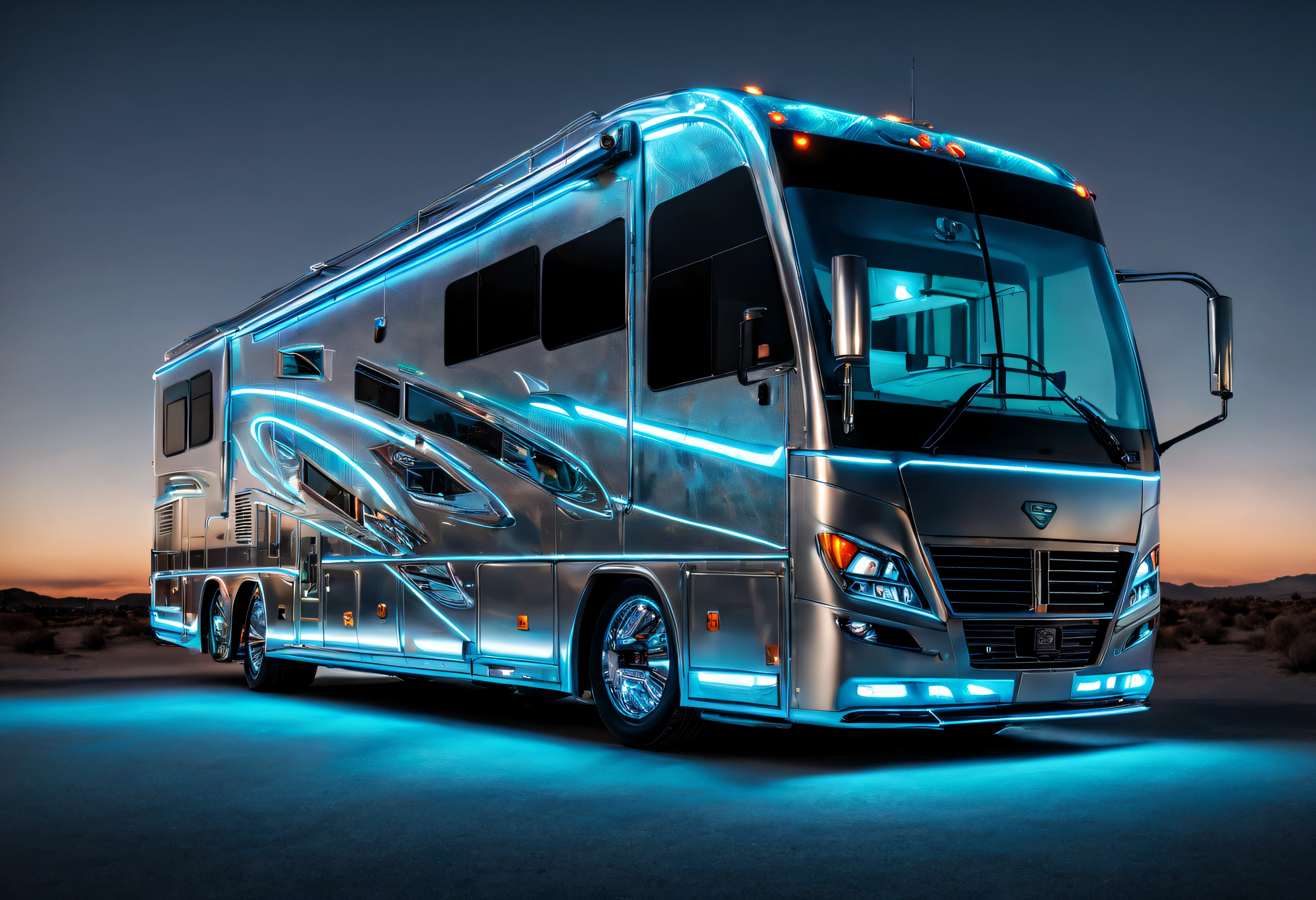 ((amazing quality, award winning, superior quality, masterpiece, intricately detailed, extremely detailed, photo realistic, ultra realistic, 32K, film grain)), hi-tech futuristic RV motorhome made from aerospace grade materials, neon & laser lit, holographic bodywork, hovering above ground,