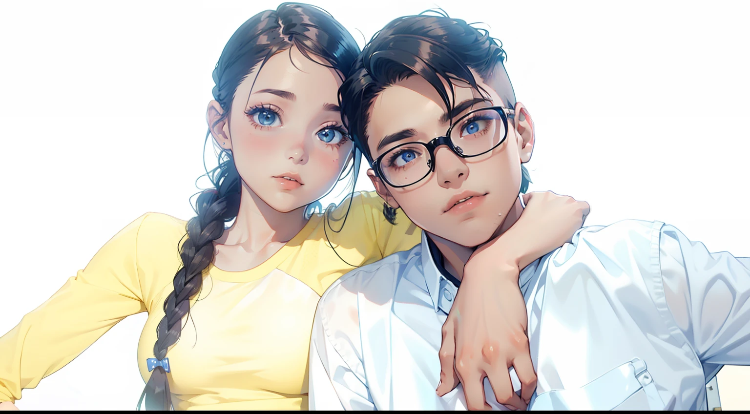 Male and female couples　Girl sitting on a chair wearing a tight skirt over a blouse。Boys hugging each other from behind。Boy in high school long pants uniform with mash cut hairstyle。