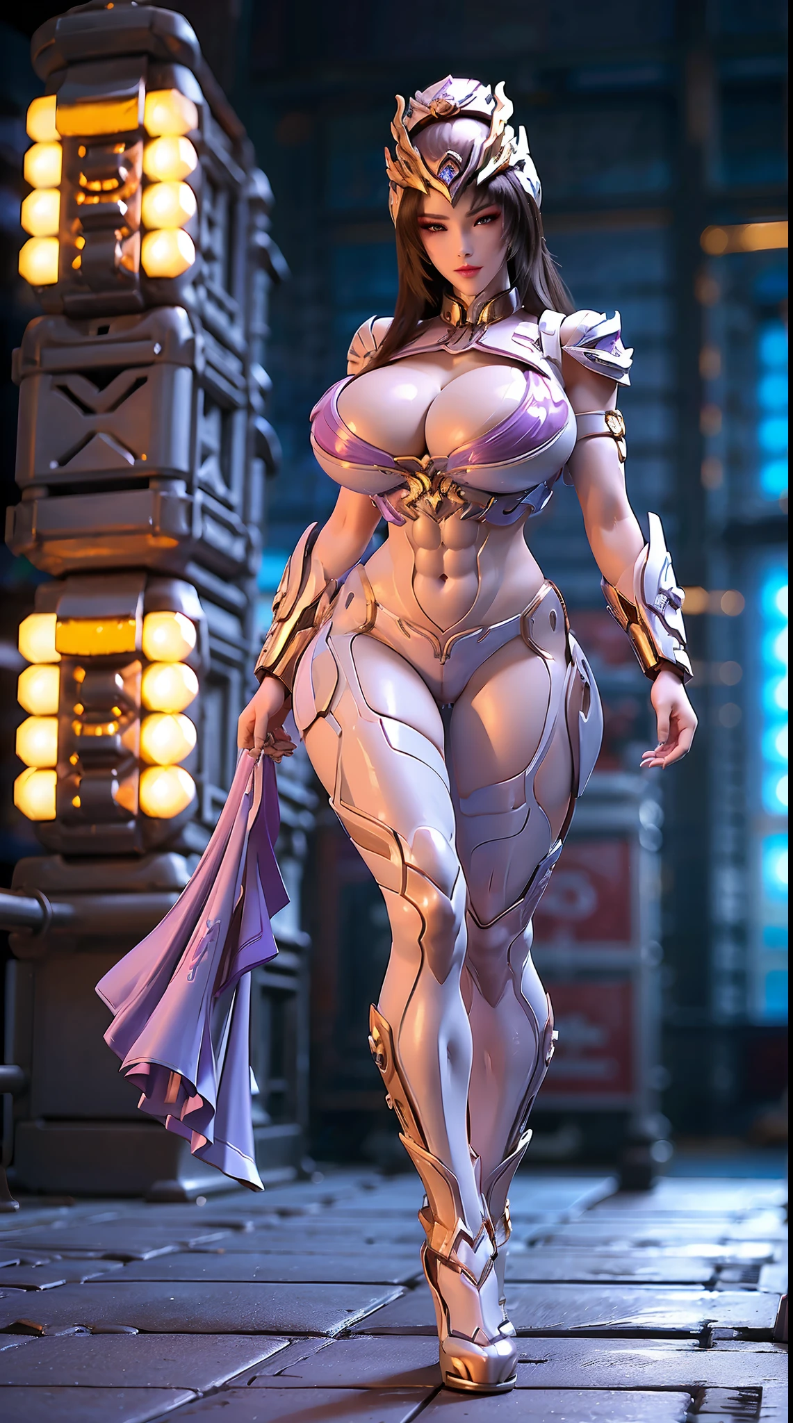 (QUEEN HELM), (ULZZANG), (HUGE FAKE BOOBS:1.2), (PURPLE, WHITE), (FUTURISTIC MECHA CROP TOP:1), (CLEAVAGE), (SKINTIGHT YOGA PANTS:1), (HIGH HEELS), (PERFECT BODY:1.2), (FULL BODY:1.2), (LOOKING AT VIEWER), (STANDING:1.3), SEXY BODY, (MUSCLE ABS:1.3), UHD, 8K, 1080P.