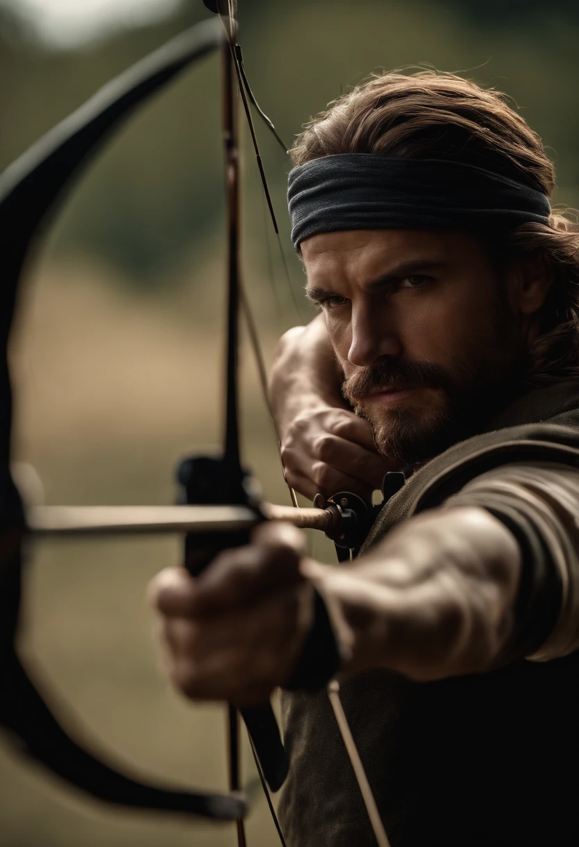 role of third shot, over the shoulder view, The Blindfolded Archer aiming on the target board tech-laden blade, Kinematic, 8K realista